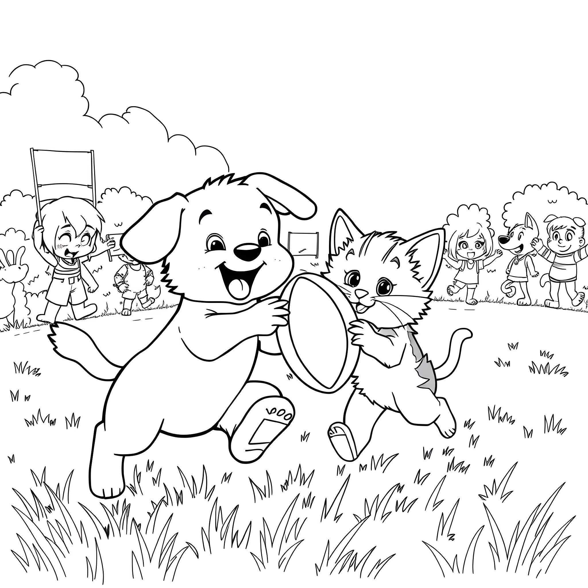 Animal friends playing and running in a park Coloring Page (free black-and-white line drawing printable PDF for all, from beginners to advanced learners, including children, teens, adults, and seniors)