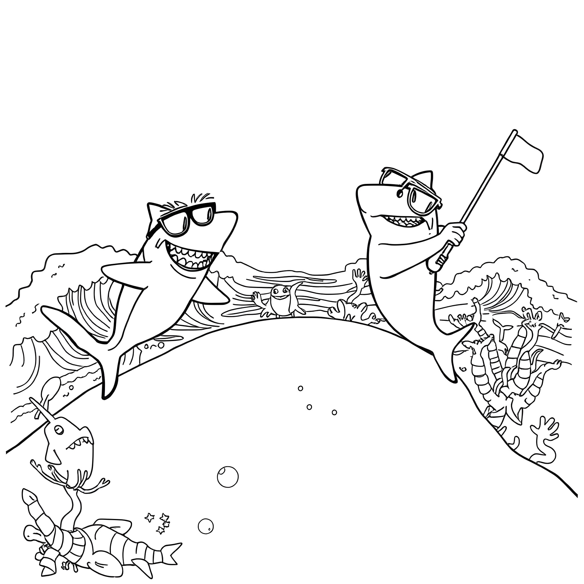 Sharks playing underwater with scuba gear Coloring Page (free black-and-white line drawing printable PDF for all, from beginners to advanced learners, including children, teens, adults, and seniors)