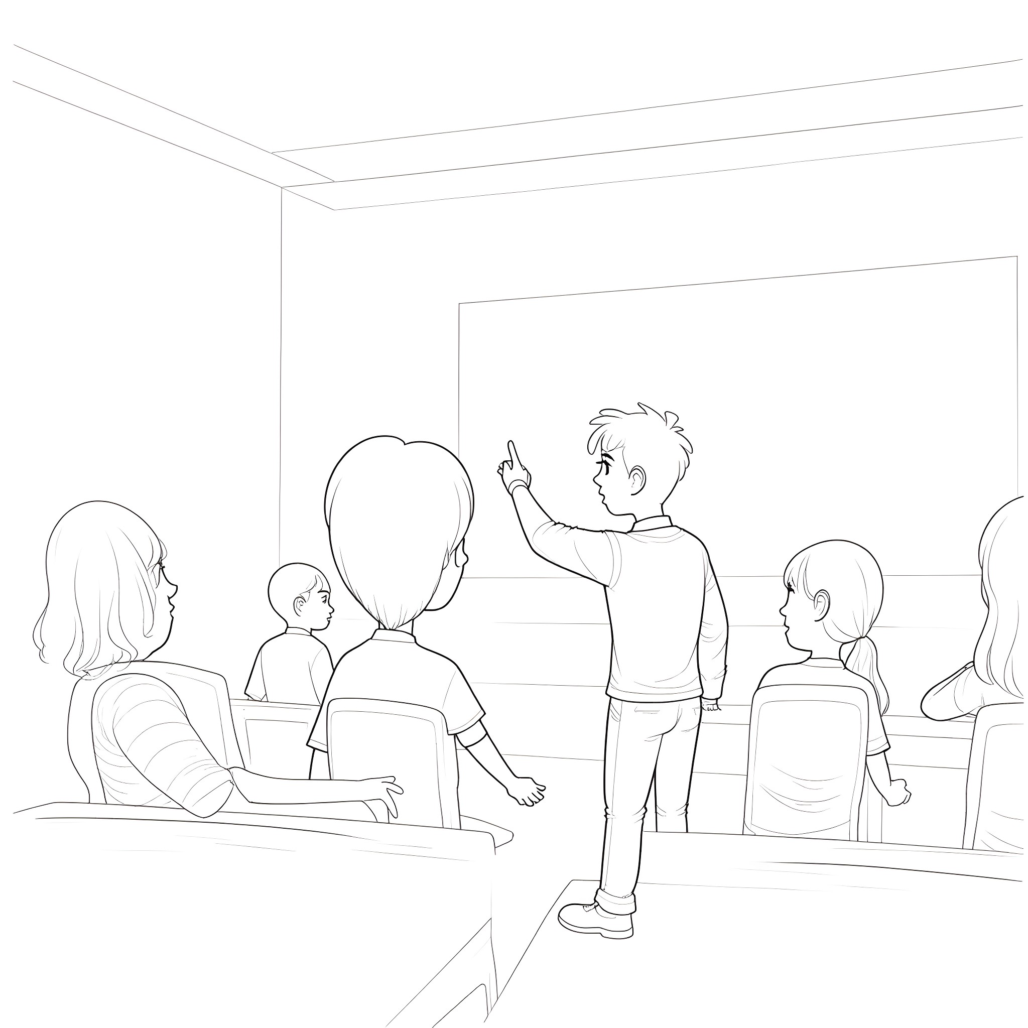 Students participating in group discussion in classroom Coloring Page (free black-and-white line drawing printable PDF for all, from beginners to advanced learners, including children, teens, adults, and seniors)