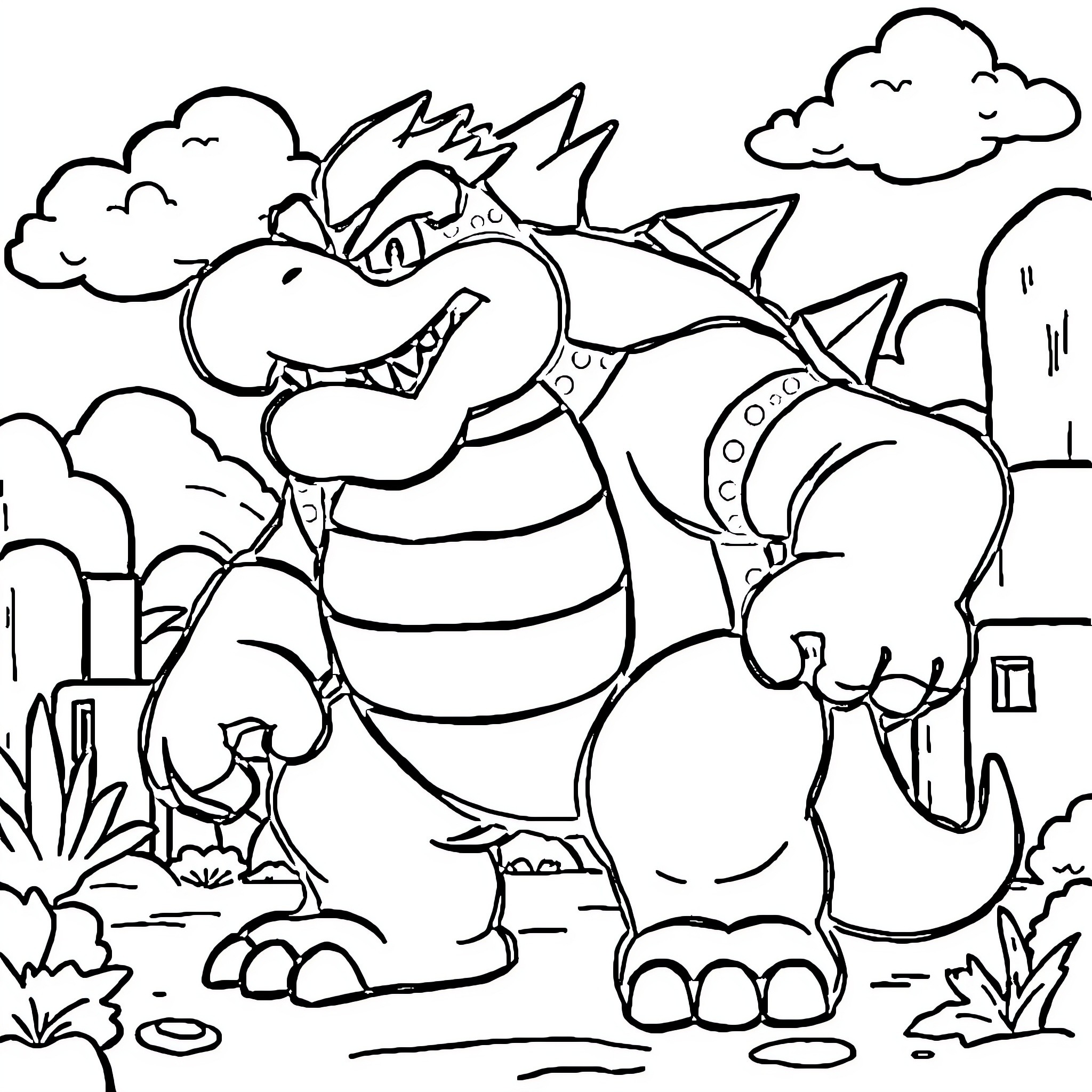 Bowser's Mischievous Antics in the Wilderness Coloring Page (free black-and-white line drawing printable PDF for all, from beginners to advanced learners, including children, teens, adults, and seniors)