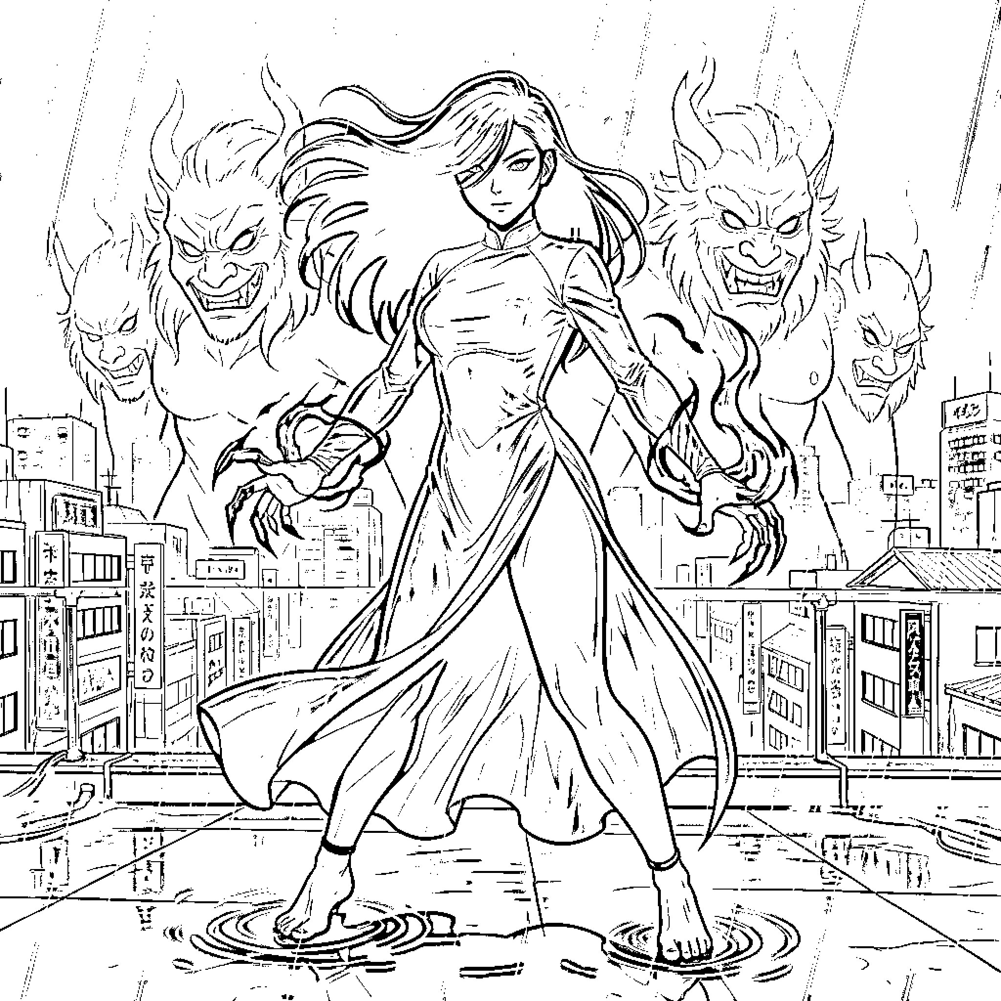 Jade Dragon warrior standing powerfully before mythical creatures Coloring Page (free black-and-white line drawing printable PDF for all, from beginners to advanced learners, including children, teens, adults, and seniors)