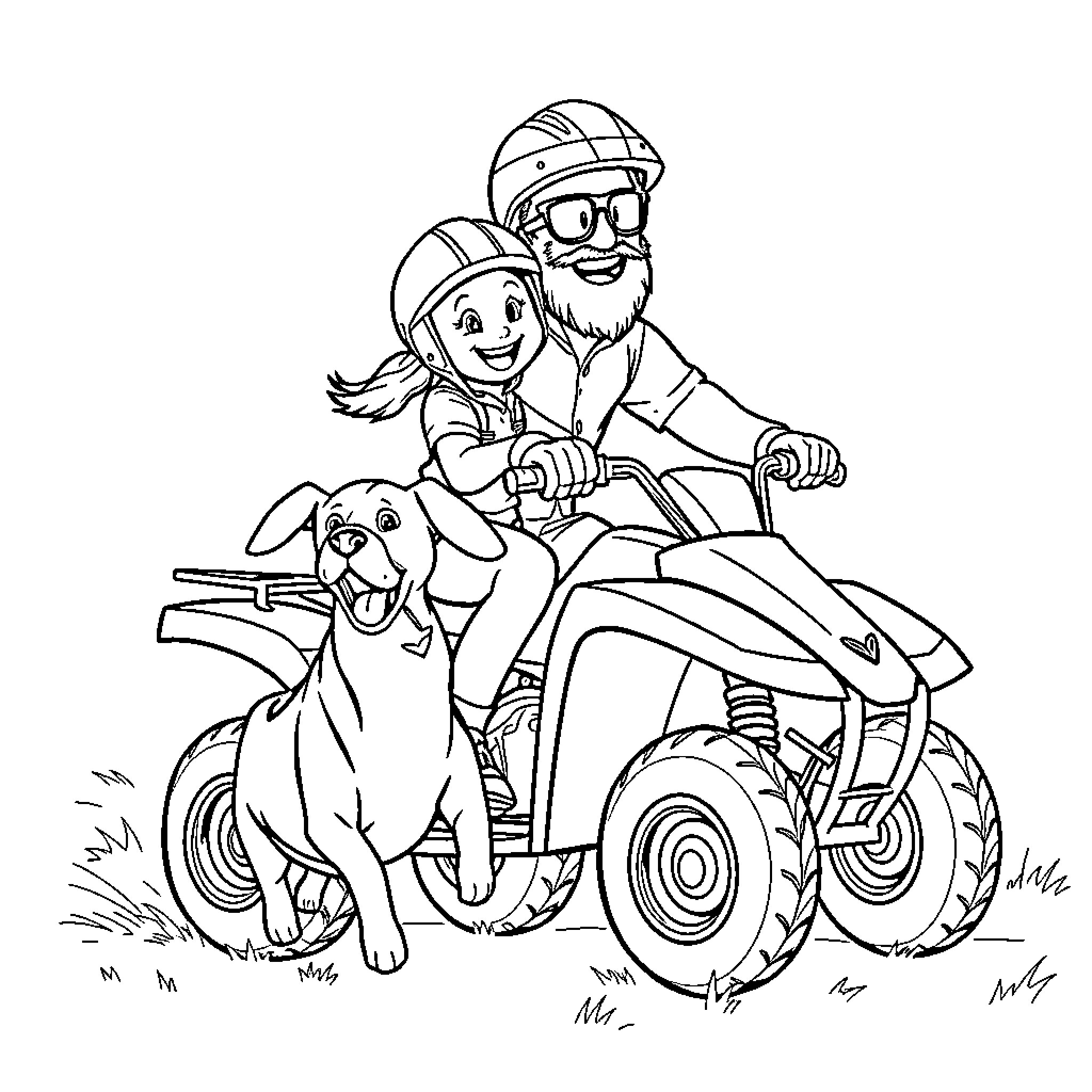 Girl and father riding ATV with pet Coloring Page (free black-and-white line drawing printable PDF for all, from beginners to advanced learners, including children, teens, adults, and seniors)