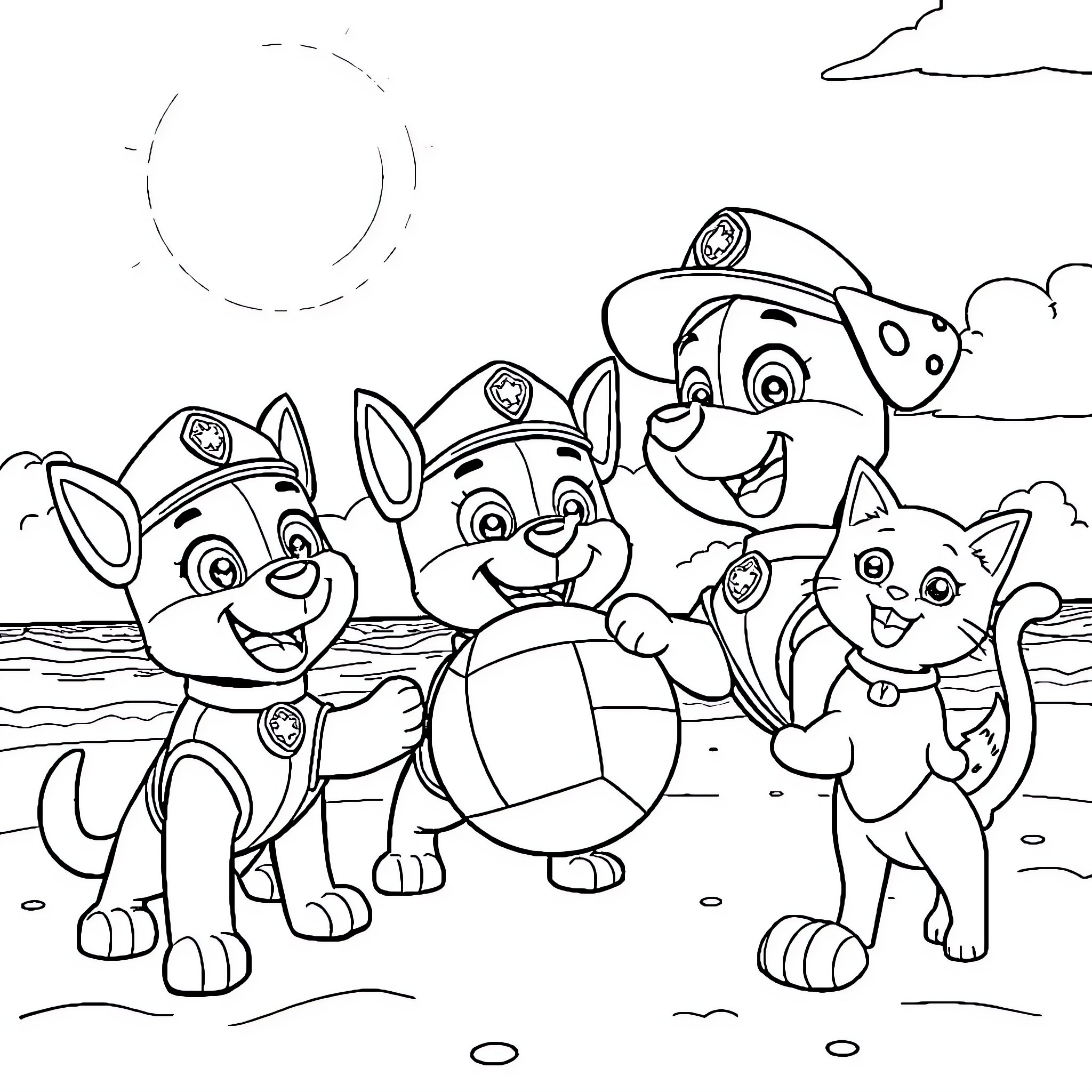 Dog Paw Patrol playing together in the park Coloring Page (free black-and-white line drawing printable PDF for all, from beginners to advanced learners, including children, teens, adults, and seniors)