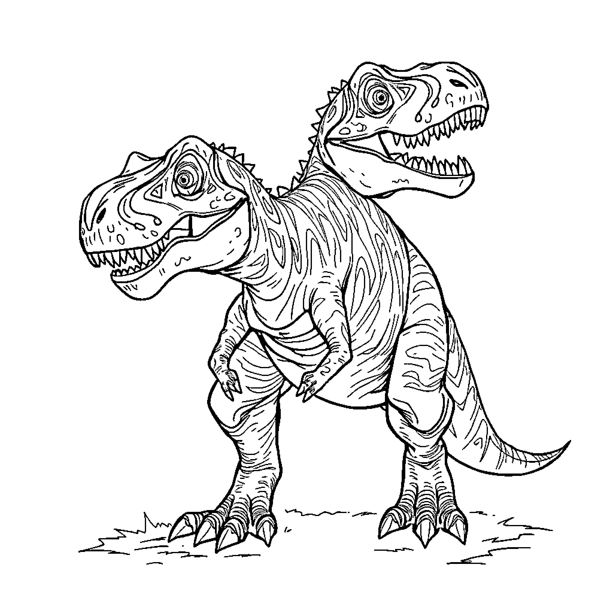 Distortus Rex: Fierce Dinosaur Duo in Action Coloring Page (free black-and-white line drawing printable PDF for all, from beginners to advanced learners, including children, teens, adults, and seniors)