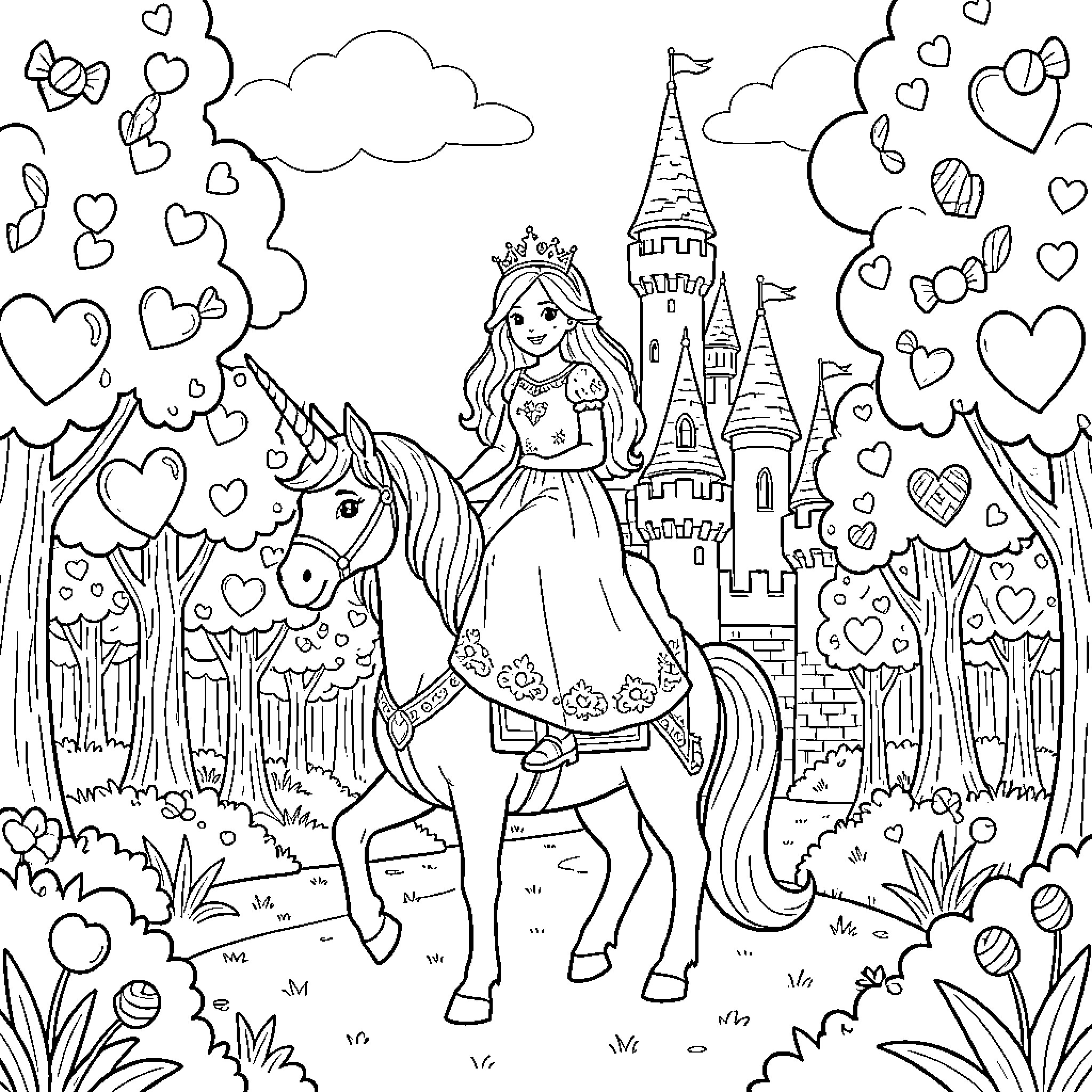 Licorne being ridden by a princess near a castle Coloring Page (free black-and-white line drawing printable PDF for all, from beginners to advanced learners, including children, teens, adults, and seniors)