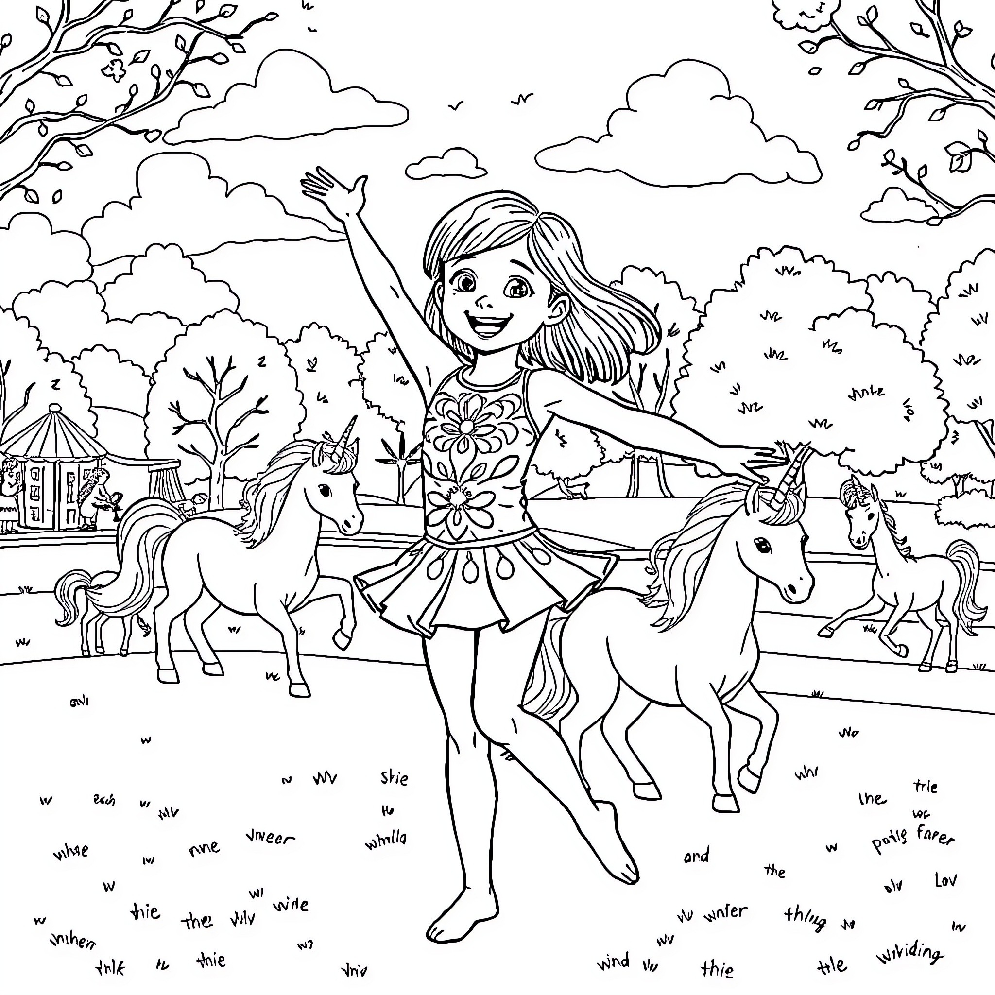 Girl dancing joyfully with unicorns in the meadow Coloring Page (free black-and-white line drawing printable PDF for all, from beginners to advanced learners, including children, teens, adults, and seniors)