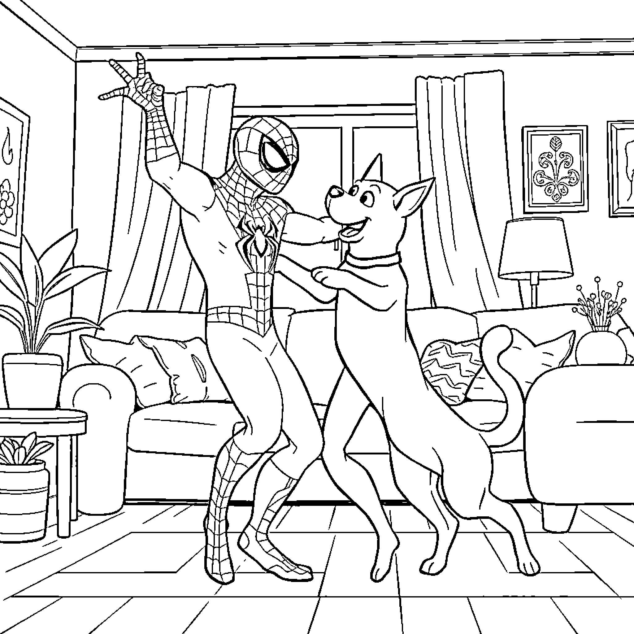 Spider-Man and dog playing together in living room Coloring Page (free black-and-white line drawing printable PDF for all, from beginners to advanced learners, including children, teens, adults, and seniors)