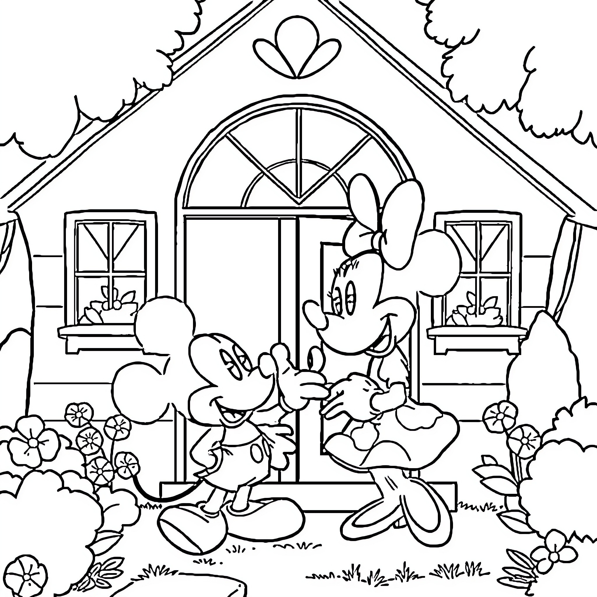 Mickey and Minnie's Quaint Cottage Coloring Page (free black-and-white line drawing printable PDF for all, from beginners to advanced learners, including children, teens, adults, and seniors)