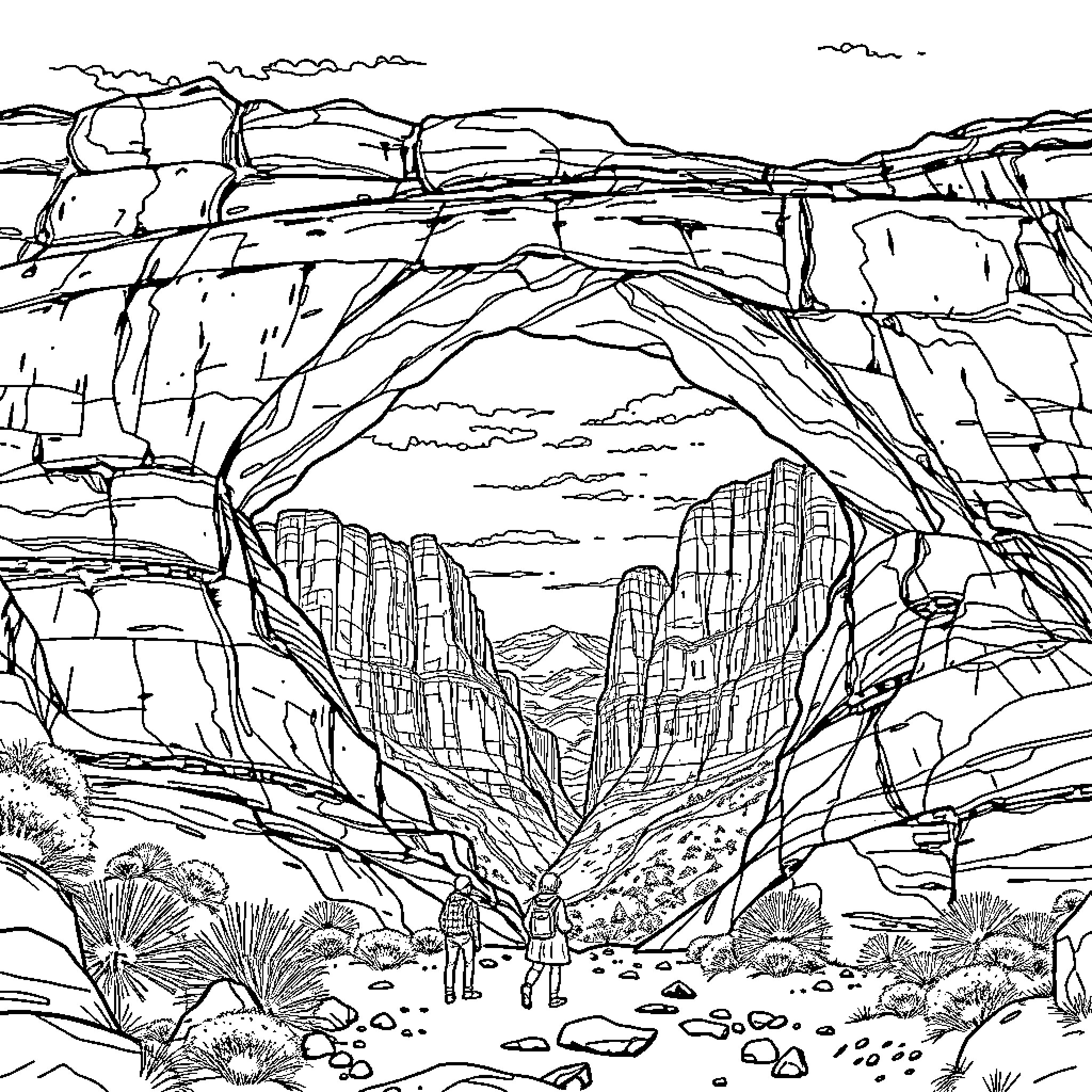 Rainbow Bridge to the Distant Mountains Coloring Page (free black-and-white line drawing printable PDF for all, from beginners to advanced learners, including children, teens, adults, and seniors)