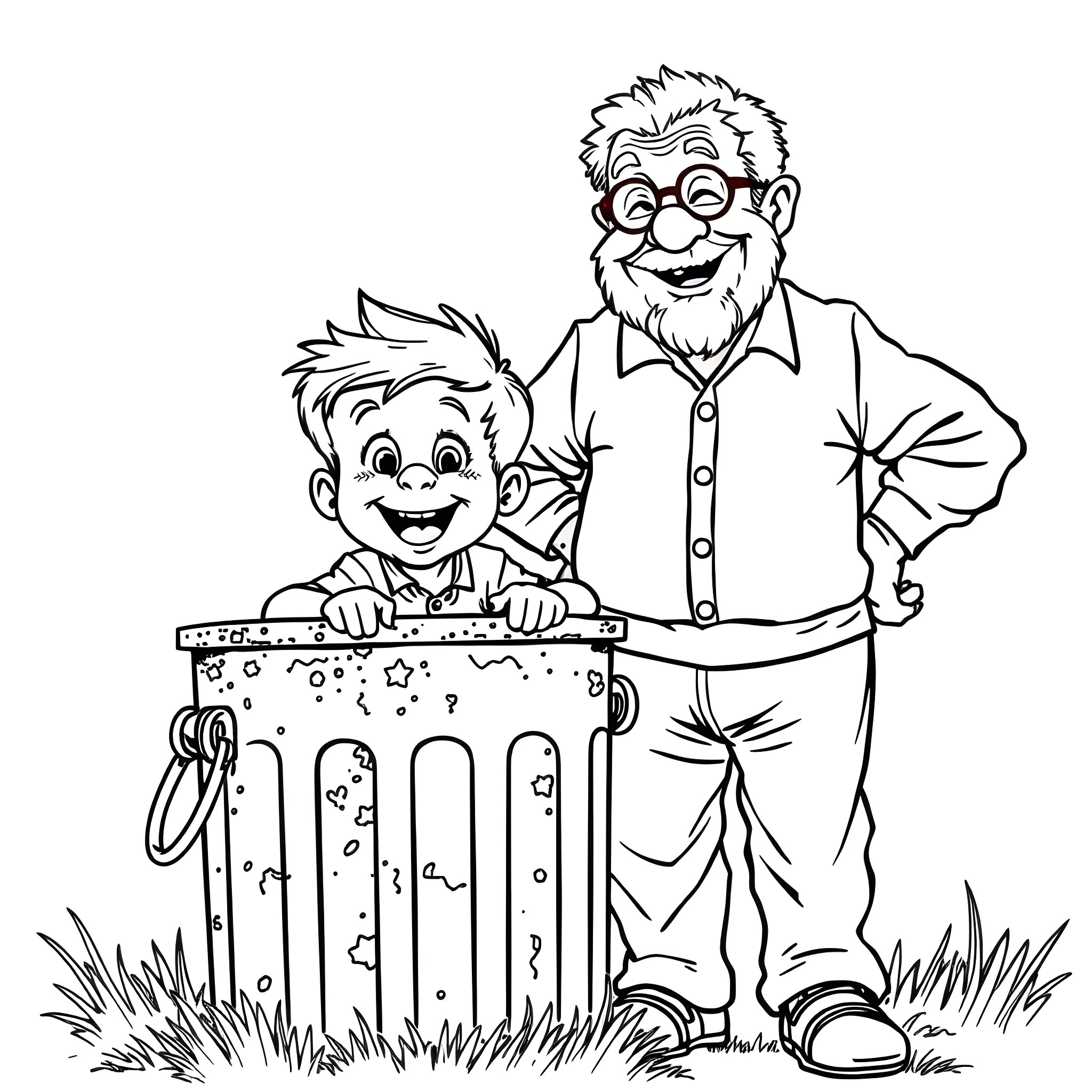 Boy and Grandfather Exploring Playfully Coloring Page (free black-and-white line drawing printable PDF for all, from beginners to advanced learners, including children, teens, adults, and seniors)