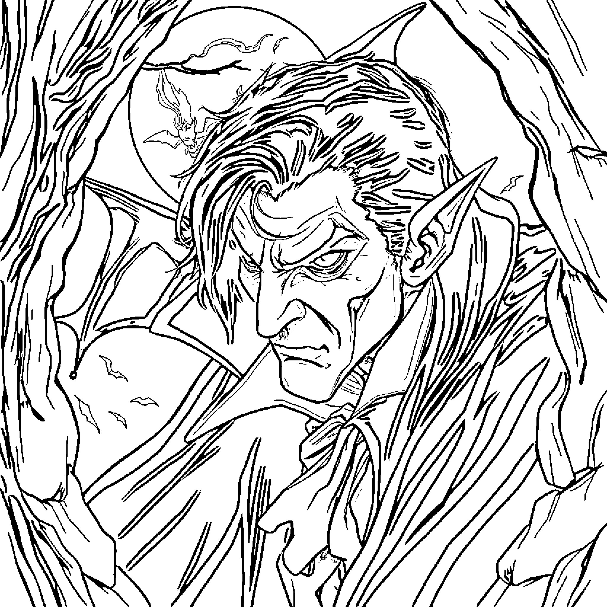 Vampire Warrior in Ominous Moonlit Forest Coloring Page (free black-and-white line drawing printable PDF for all, from beginners to advanced learners, including children, teens, adults, and seniors)
