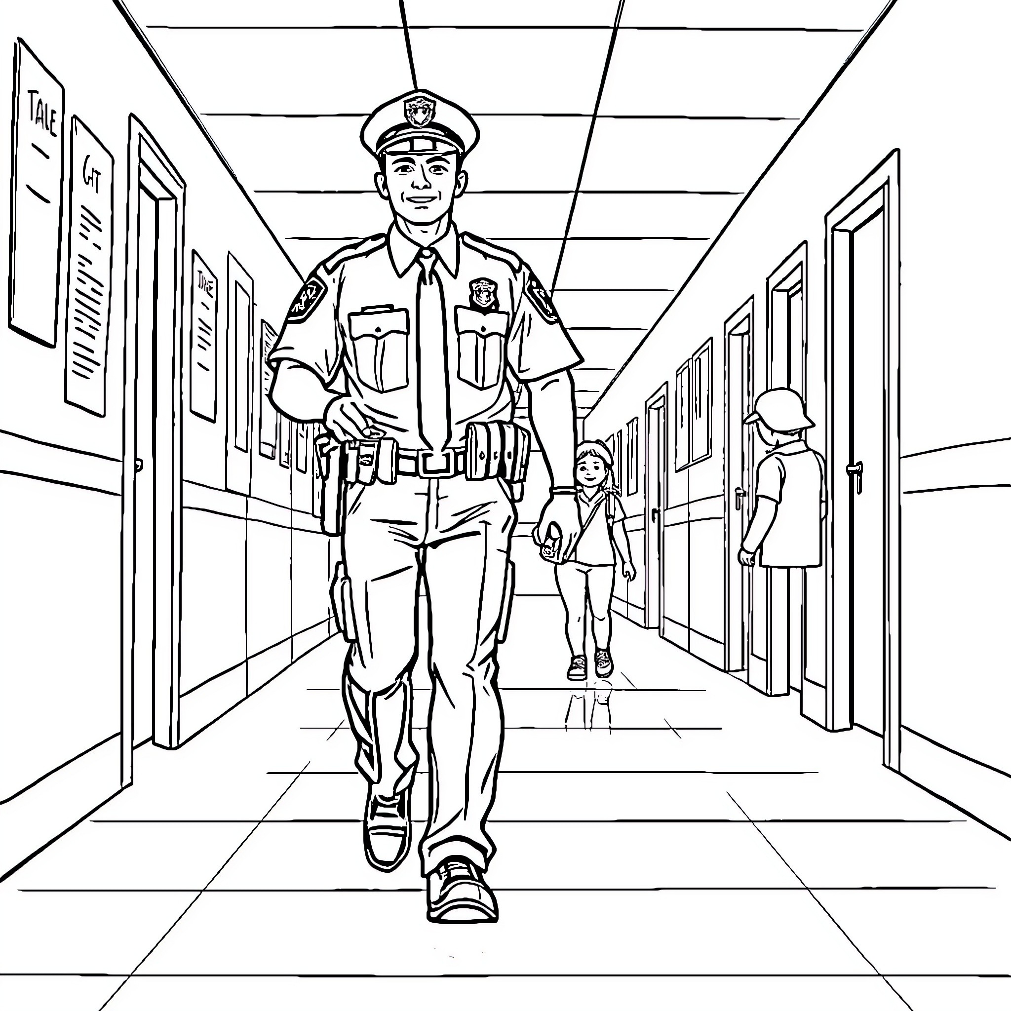 Police Officer Patrolling School Hallway Coloring Page (free black-and-white line drawing printable PDF for all, from beginners to advanced learners, including children, teens, adults, and seniors)