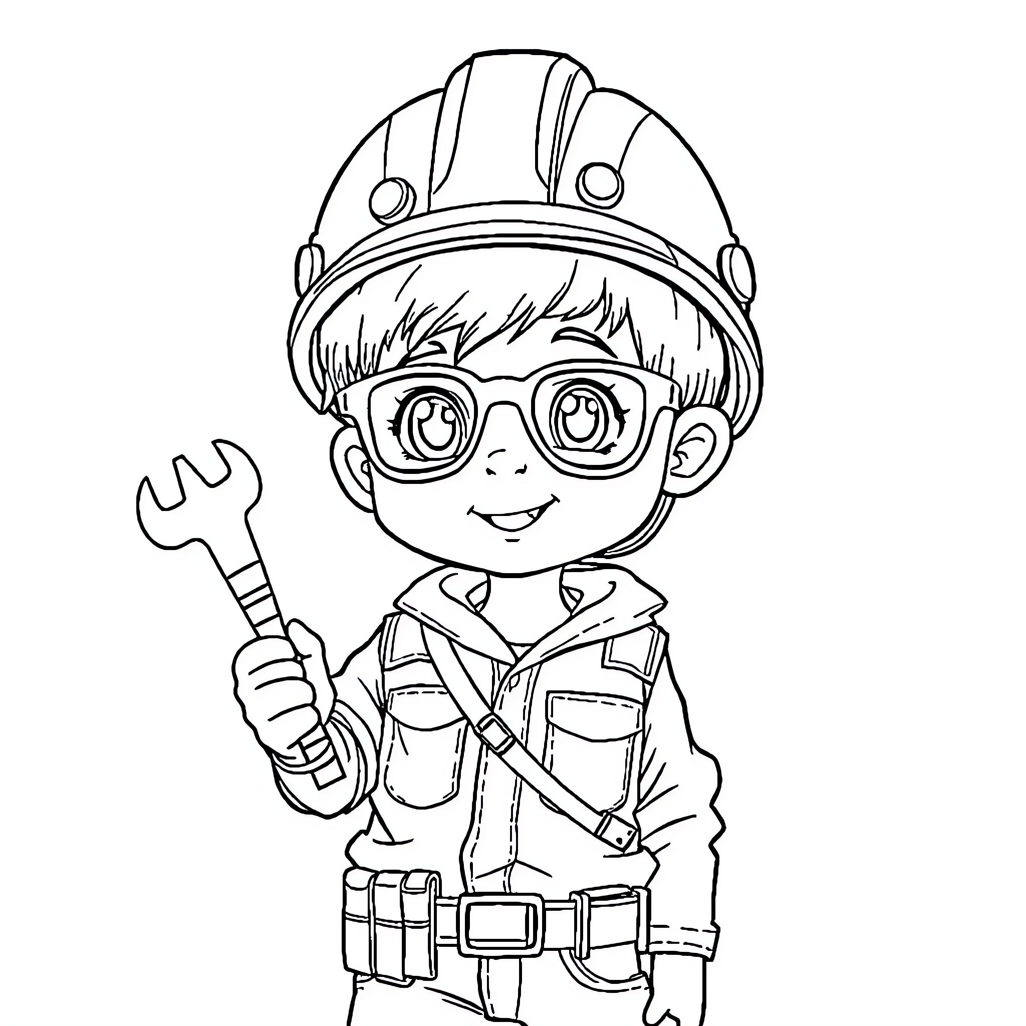 Worker with Tools Cartoon Character Coloring Page (free black-and-white line drawing printable PDF for all, from beginners to advanced learners, including children, teens, adults, and seniors)