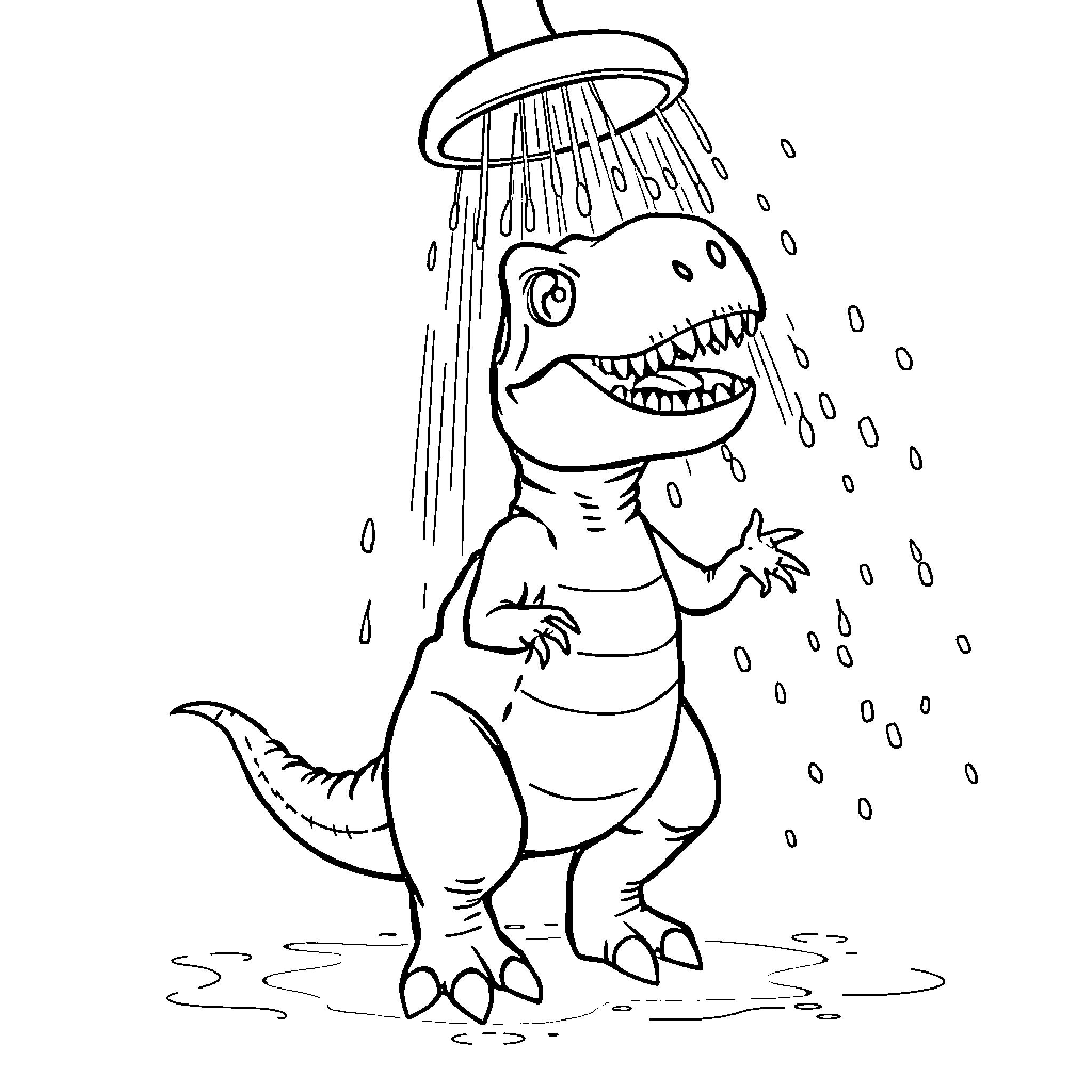 T-Rex Enjoys Refreshing Shower Coloring Page (free black-and-white line drawing printable PDF for all, from beginners to advanced learners, including children, teens, adults, and seniors)