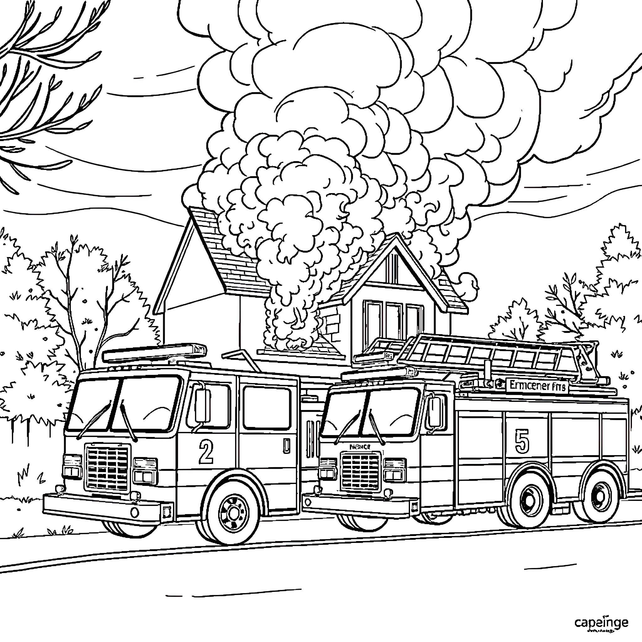 Fire Engine Rushing to Extinguish Burning House Coloring Page (free black-and-white line drawing printable PDF for all, from beginners to advanced learners, including children, teens, adults, and seniors)