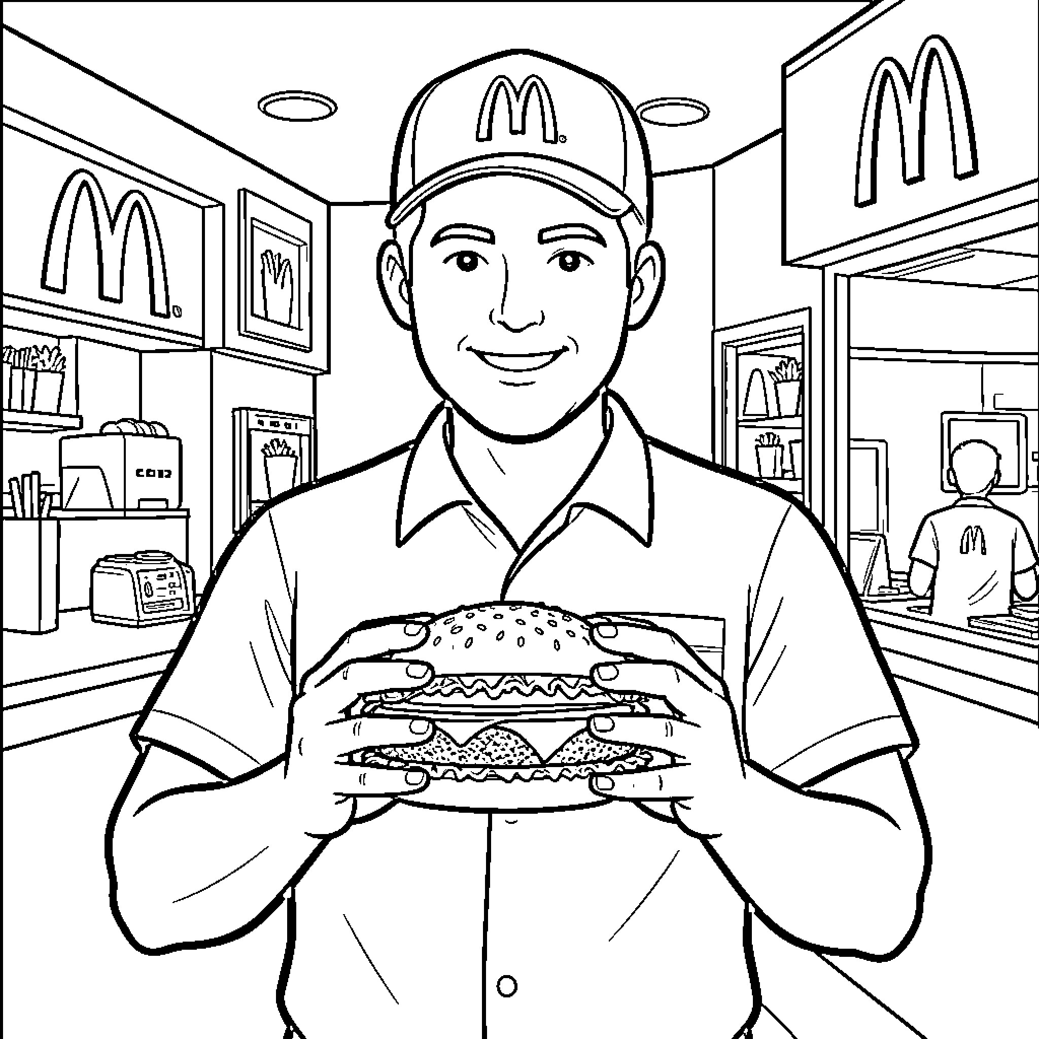 McDonald's Employee smiling while holding a large burger Coloring Page (free black-and-white line drawing printable PDF for all, from beginners to advanced learners, including children, teens, adults, and seniors)