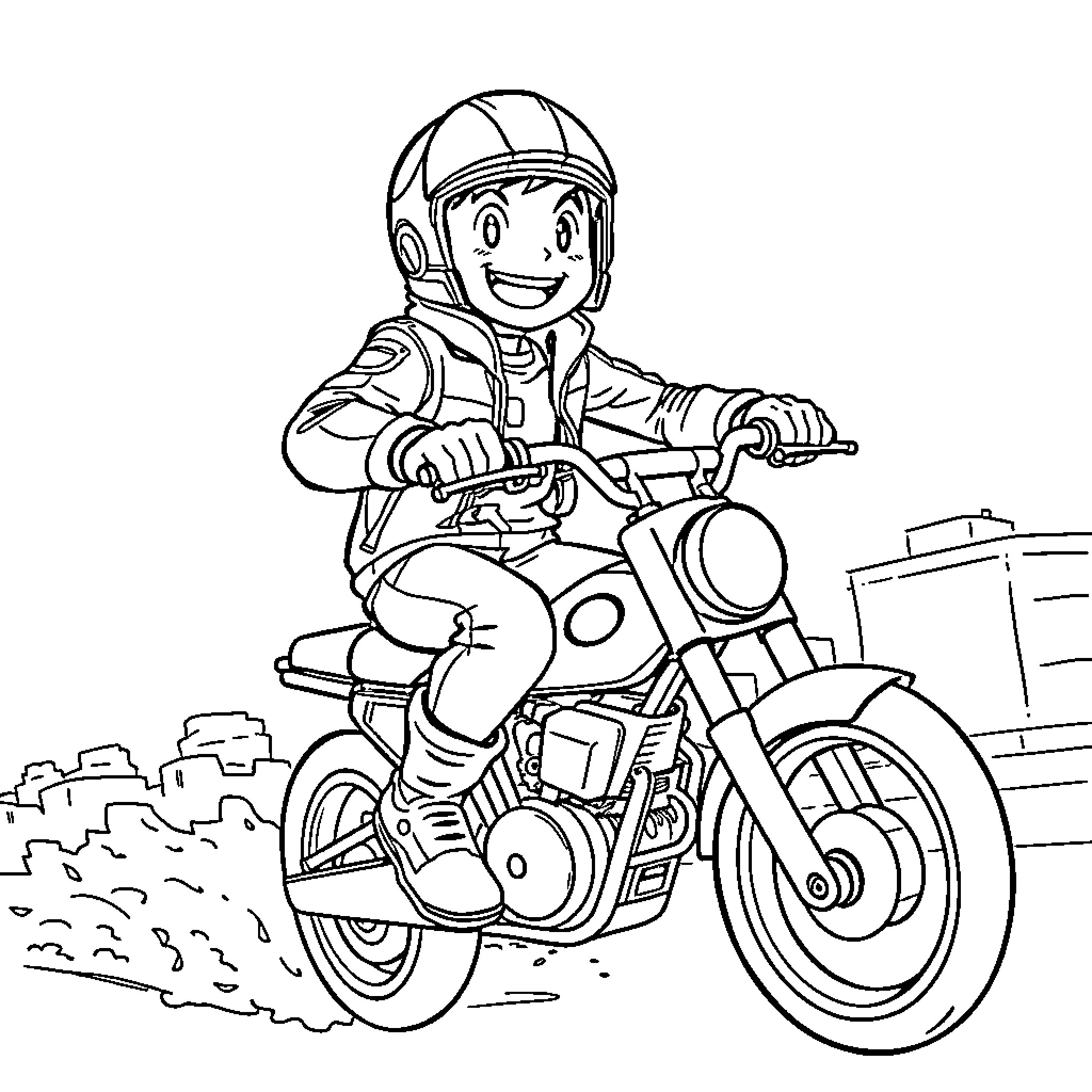 Mikey's Exciting Motorcycle Adventure Coloring Page (free black-and-white line drawing printable PDF for all, from beginners to advanced learners, including children, teens, adults, and seniors)