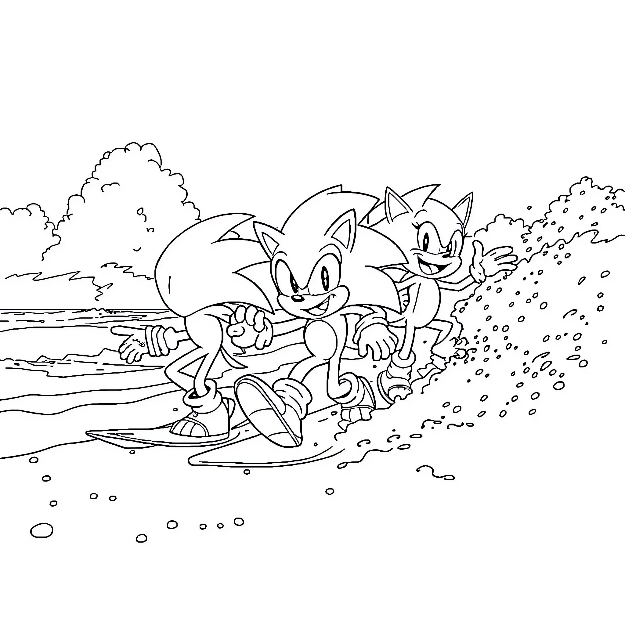 Sonic and friends running through the landscape Coloring Page (free black-and-white line drawing printable PDF for all, from beginners to advanced learners, including children, teens, adults, and seniors)