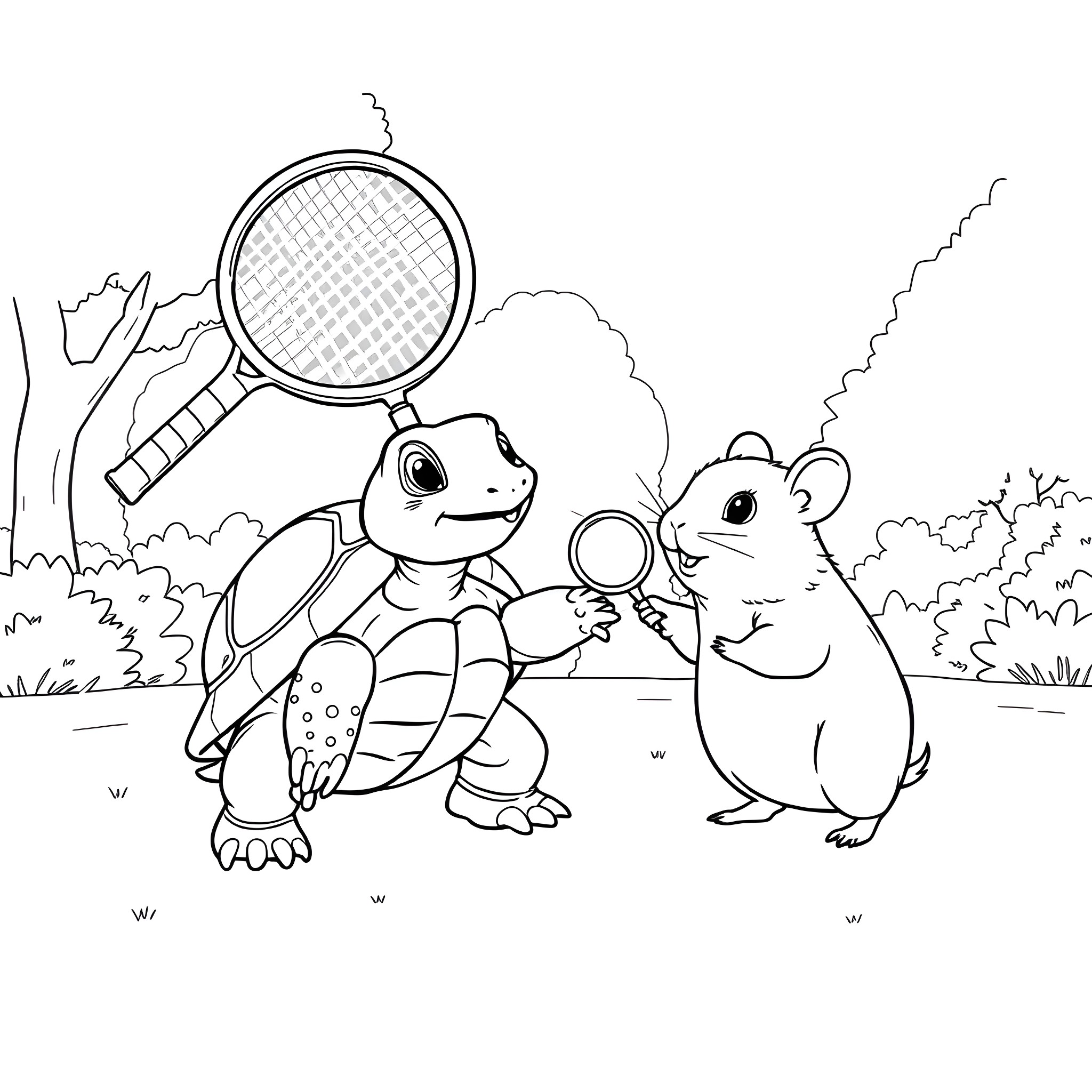 Turtle and mouse exploring nature with magnifying glass Coloring Page (free black-and-white line drawing printable PDF for all, from beginners to advanced learners, including children, teens, adults, and seniors)