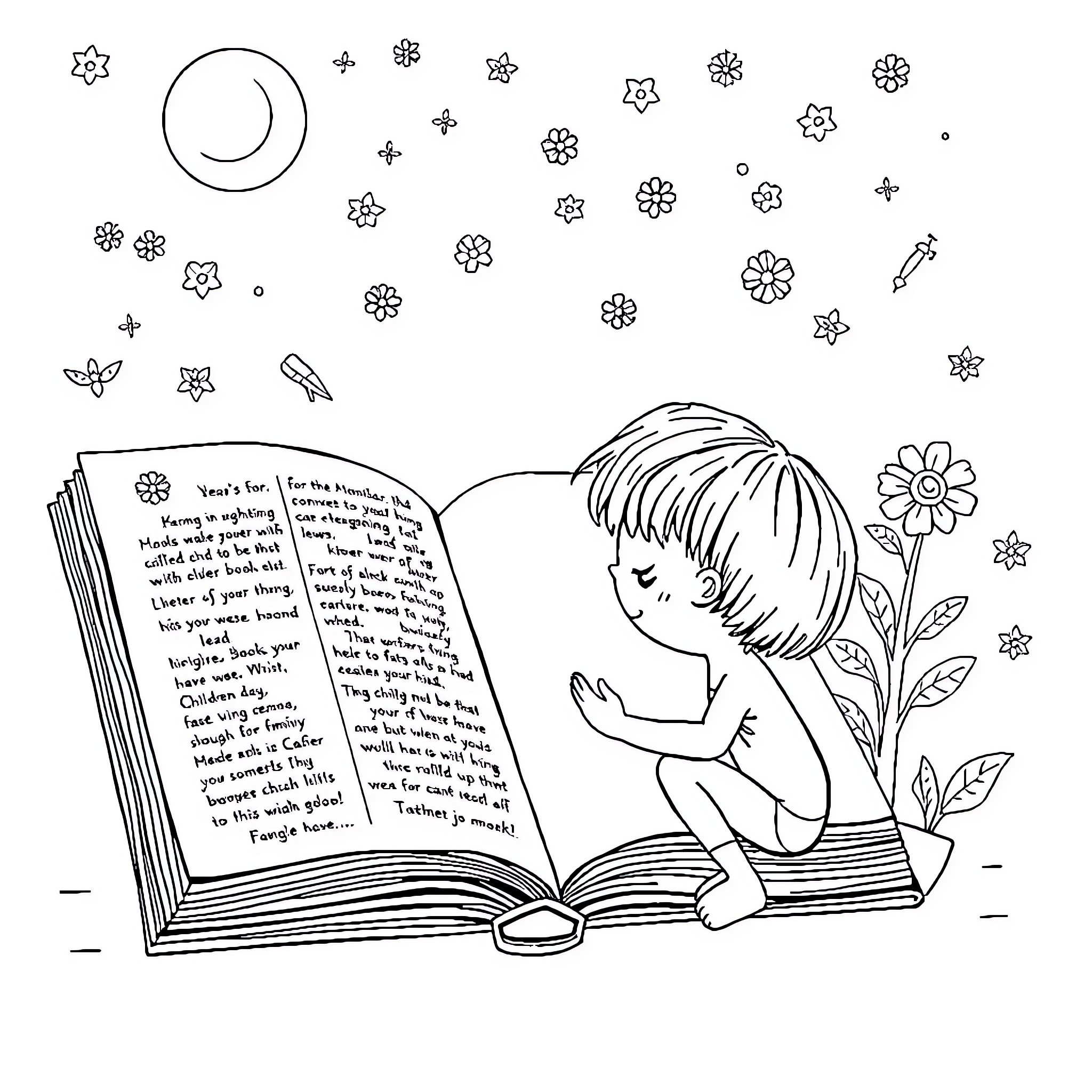 Book of dreams and imagination Coloring Page (free black-and-white line drawing printable PDF for all, from beginners to advanced learners, including children, teens, adults, and seniors)