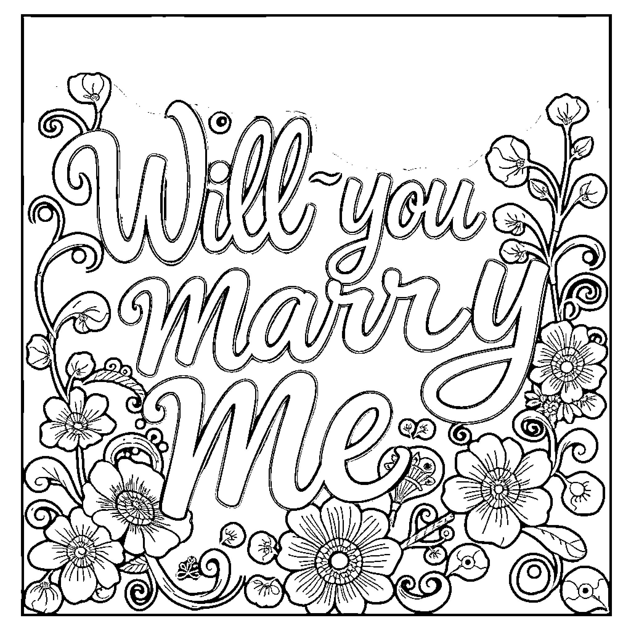 Marriage Proposal with Floral Decorations Coloring Page (free black-and-white line drawing printable PDF for all, from beginners to advanced learners, including children, teens, adults, and seniors)