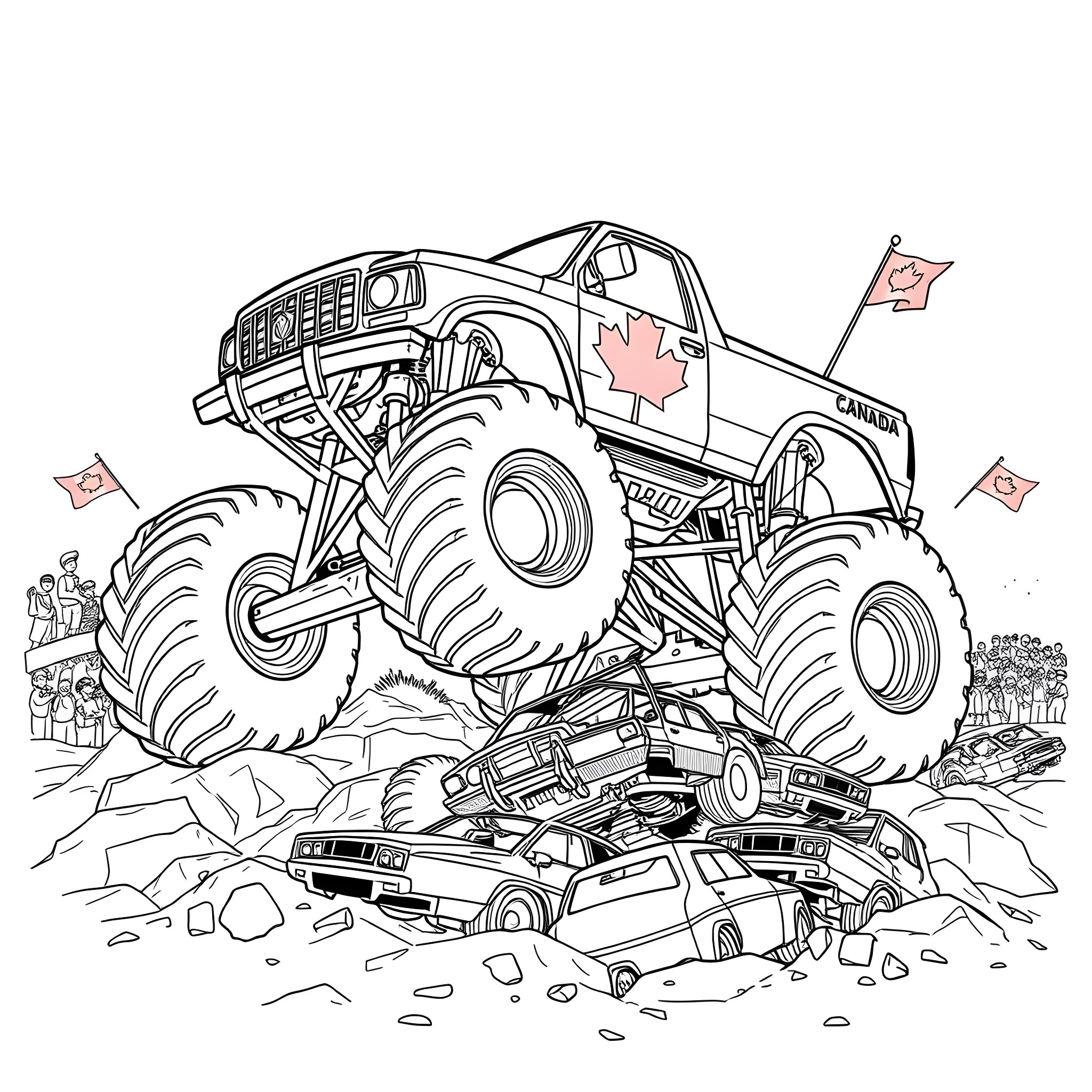 Monster Truck Crushing Cars in Rugged Terrain Coloring Page (free black-and-white line drawing printable PDF for all, from beginners to advanced learners, including children, teens, adults, and seniors)