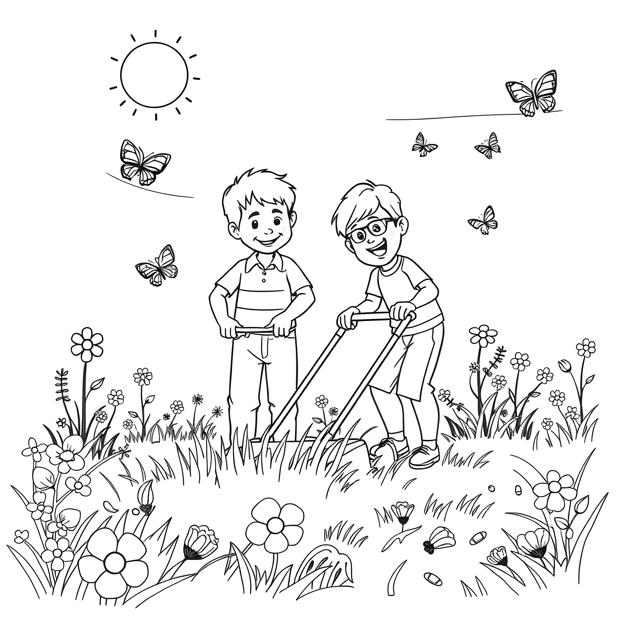 Grandpa and grandson bonding in the garden Coloring Page (free black-and-white line drawing printable PDF for all, from beginners to advanced learners, including children, teens, adults, and seniors)