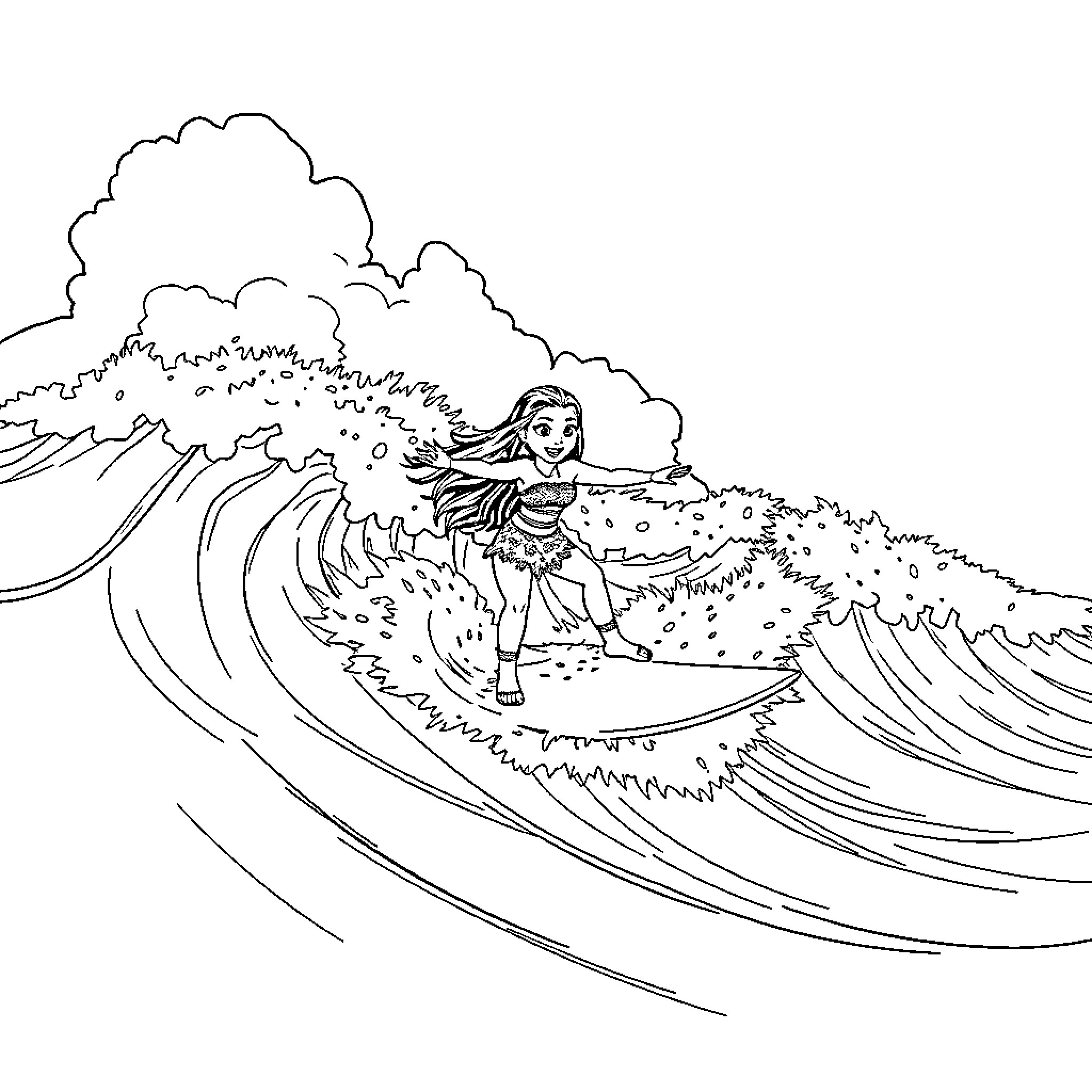 Moana surfing on a crashing wave Coloring Page (free black-and-white line drawing printable PDF for all, from beginners to advanced learners, including children, teens, adults, and seniors)
