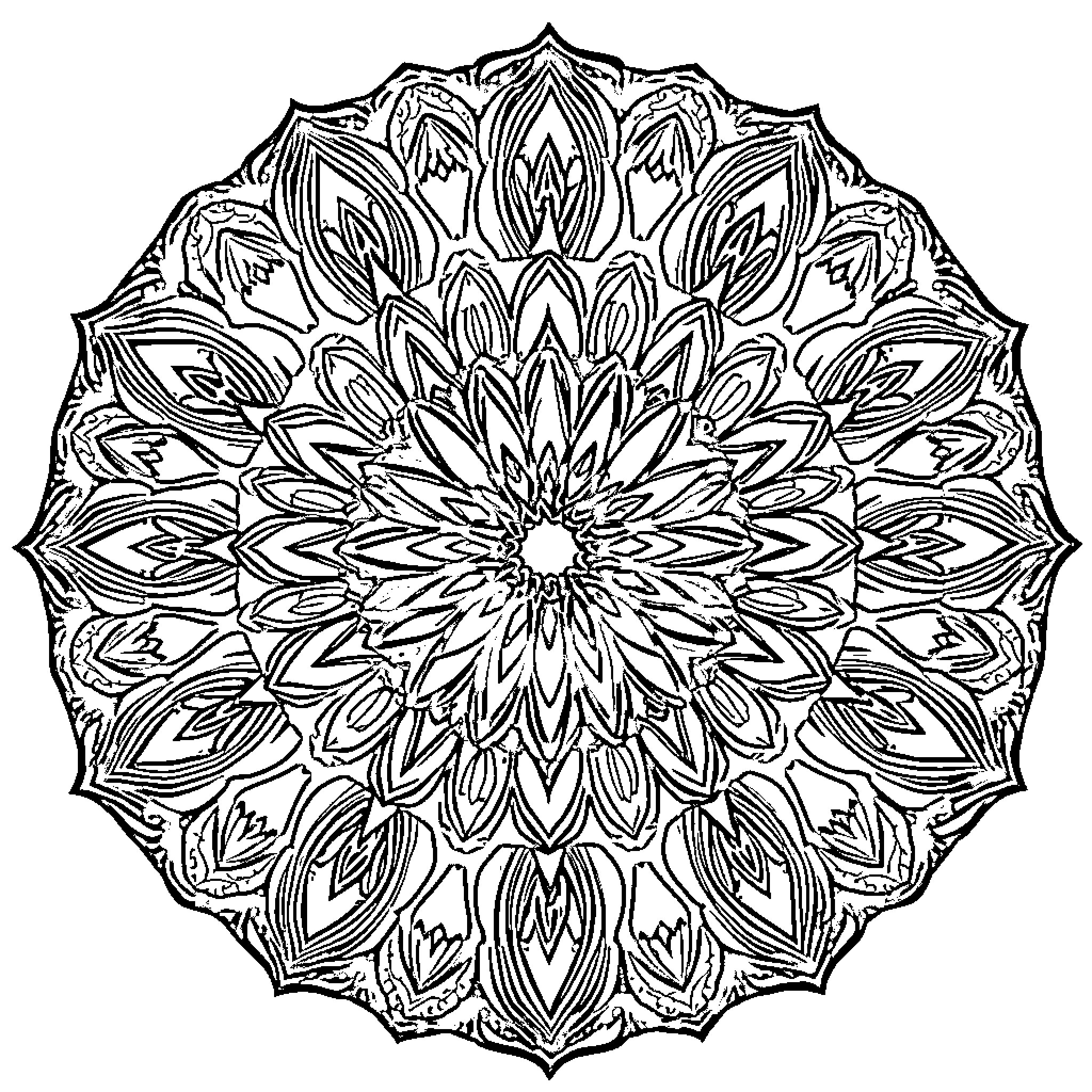Mandala with intricate floral patterns Coloring Page (free black-and-white line drawing printable PDF for all, from beginners to advanced learners, including children, teens, adults, and seniors)