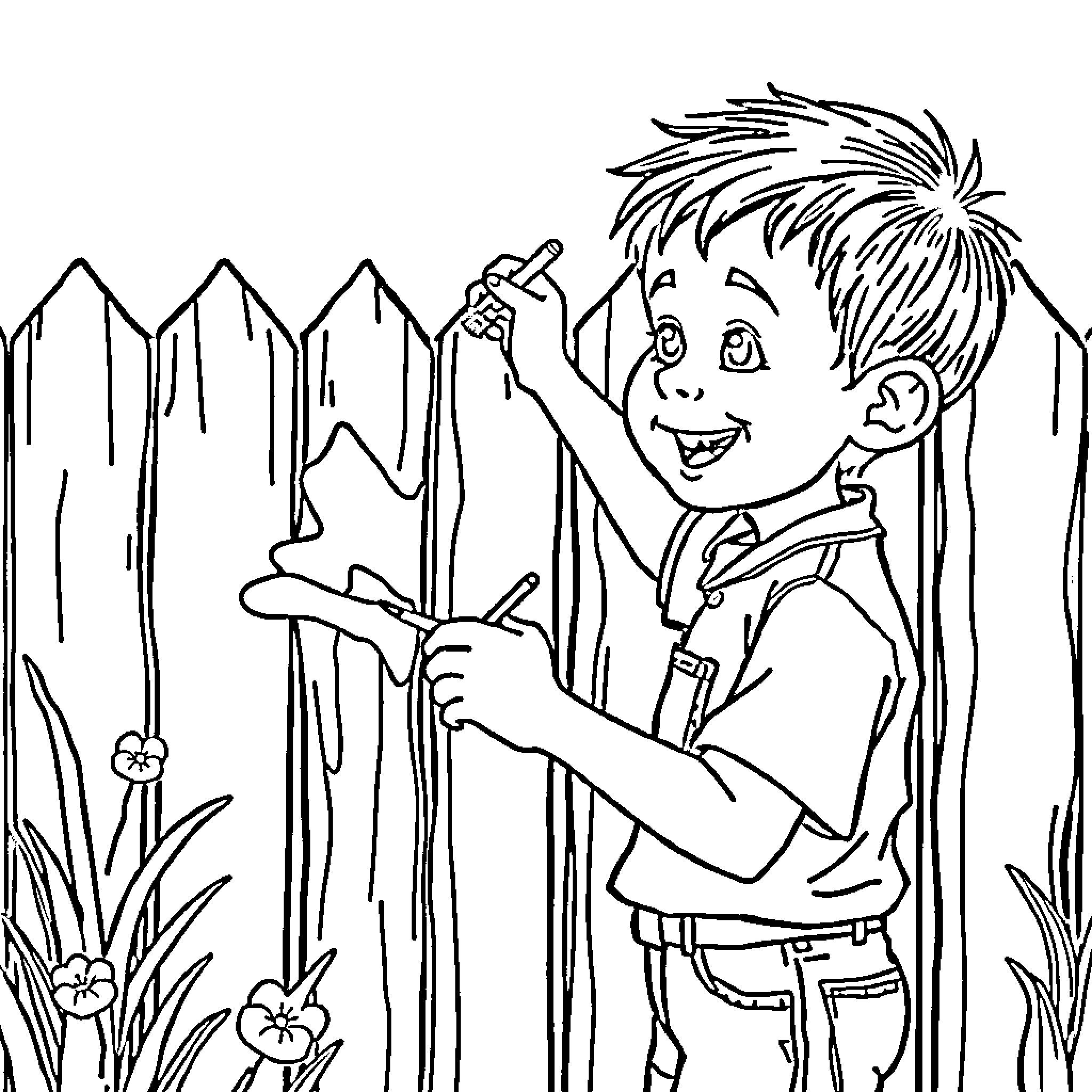 Boy happily exploring nature with a magnifying glass Coloring Page (free black-and-white line drawing printable PDF for all, from beginners to advanced learners, including children, teens, adults, and seniors)