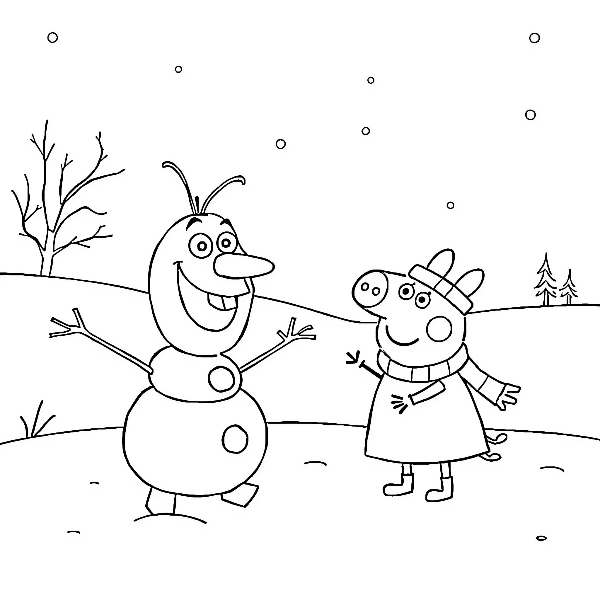 Olaf and Peppa Pig playing in the snow Coloring Page (free black-and-white line drawing printable PDF for all, from beginners to advanced learners, including children, teens, adults, and seniors)