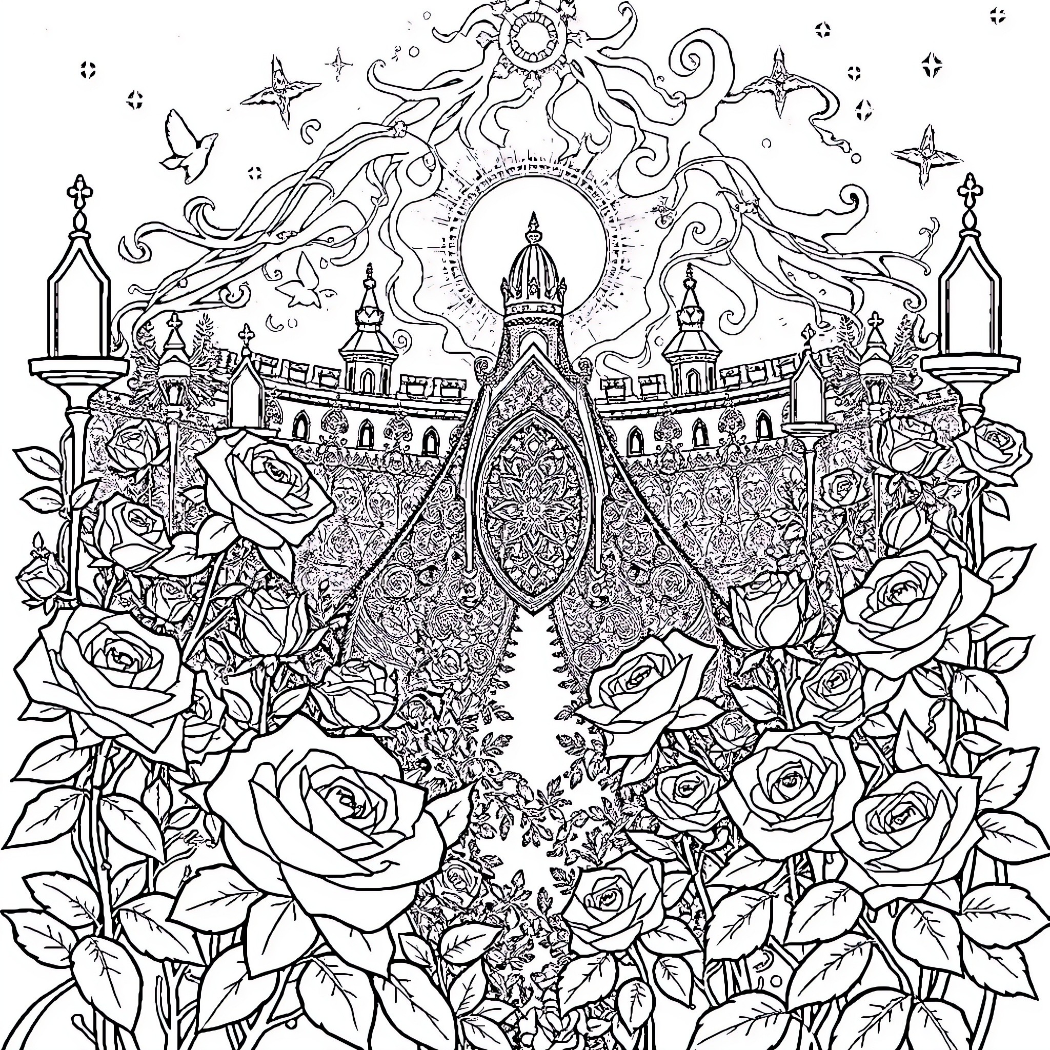 Thorn and Roses in a Whimsical Dreamscape Coloring Page (free black-and-white line drawing printable PDF for all, from beginners to advanced learners, including children, teens, adults, and seniors)