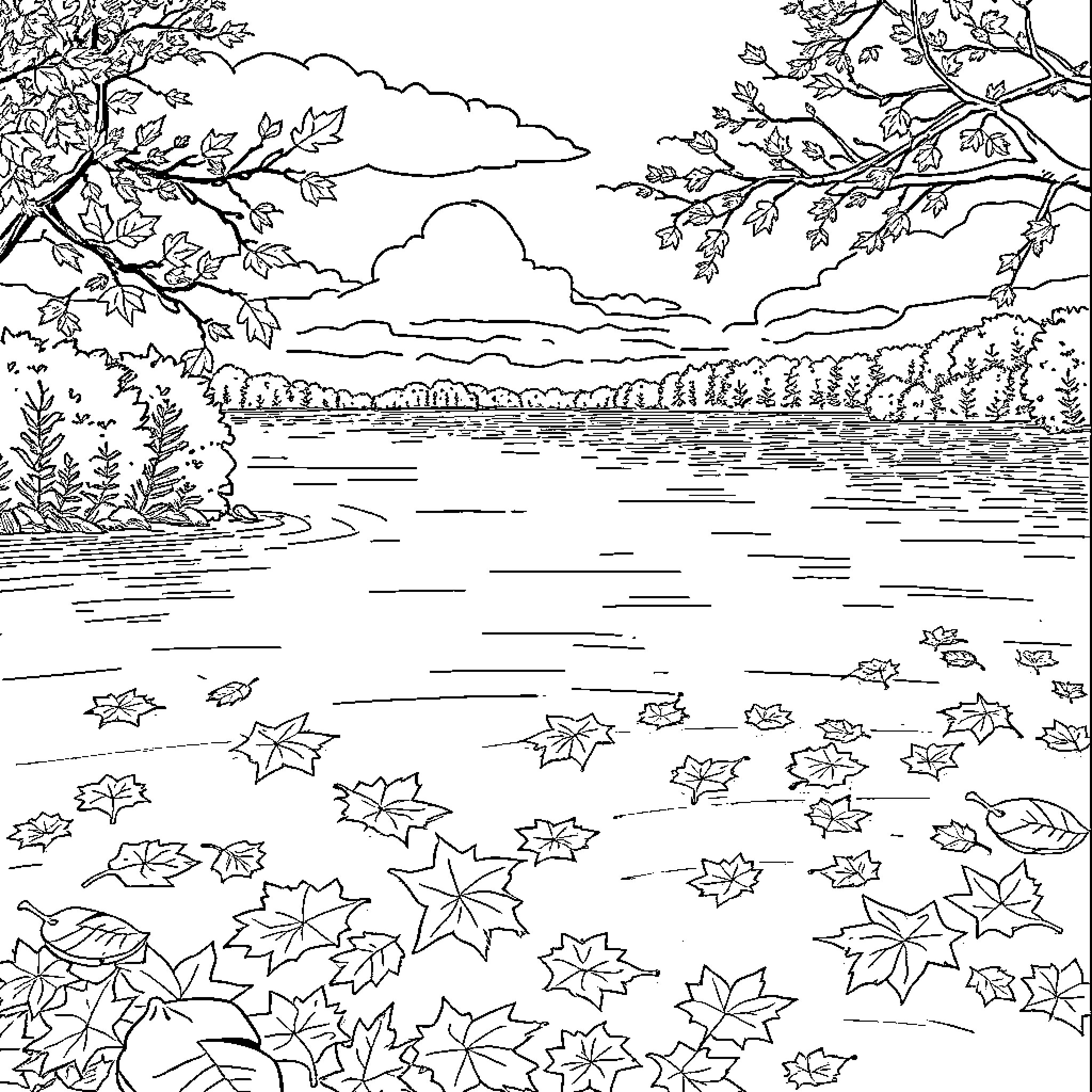 Lake with Fallen Autumn Leaves Coloring Page (free black-and-white line drawing printable PDF for all, from beginners to advanced learners, including children, teens, adults, and seniors)