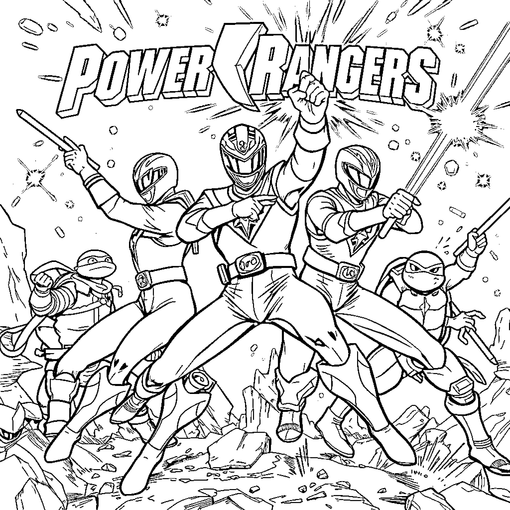 Power Rangers in action-packed battle scene Coloring Page (free black-and-white line drawing printable PDF for all, from beginners to advanced learners, including children, teens, adults, and seniors)