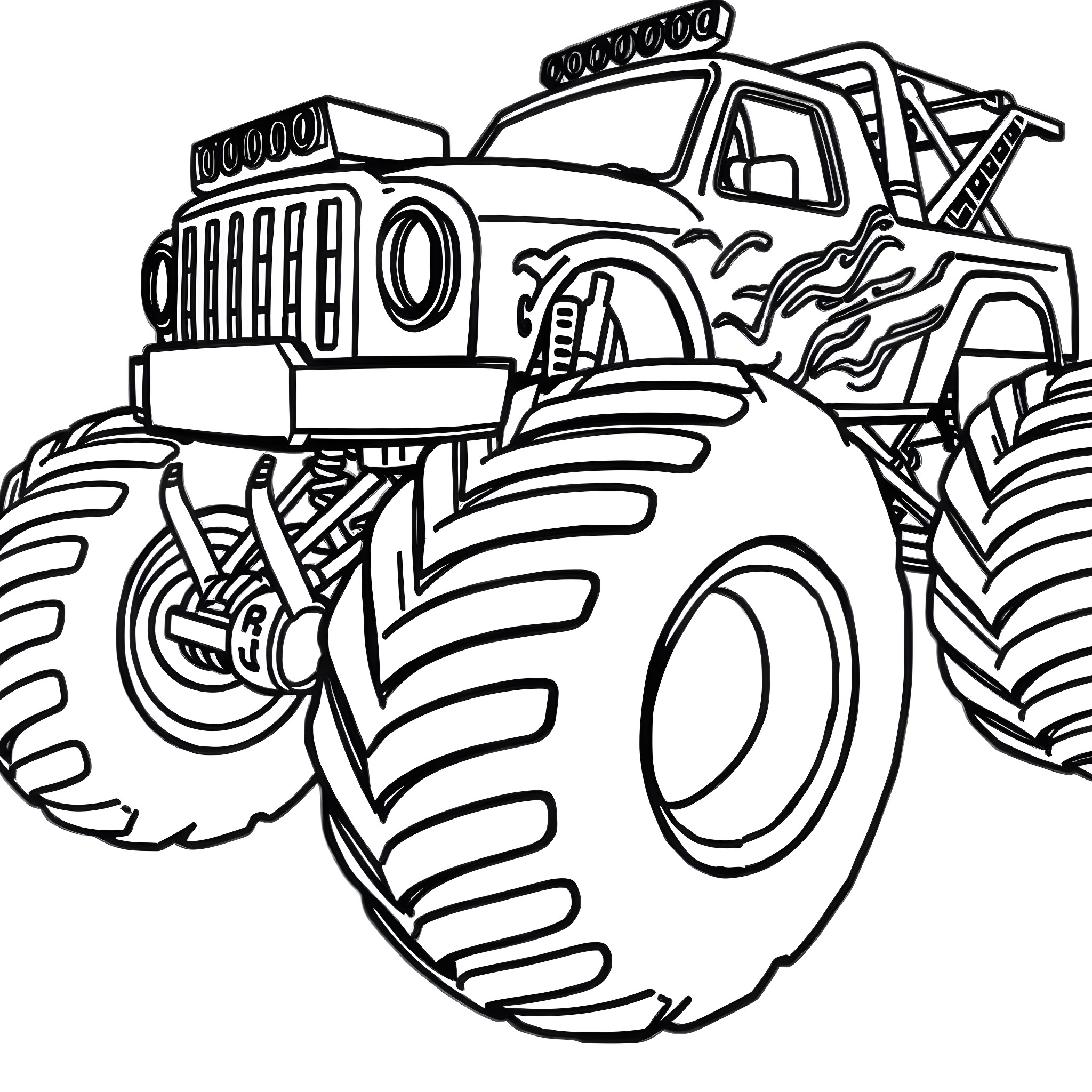 Monster Truck Crushing Powerful Wheels on the Road Coloring Page (free black-and-white line drawing printable PDF for all, from beginners to advanced learners, including children, teens, adults, and seniors)