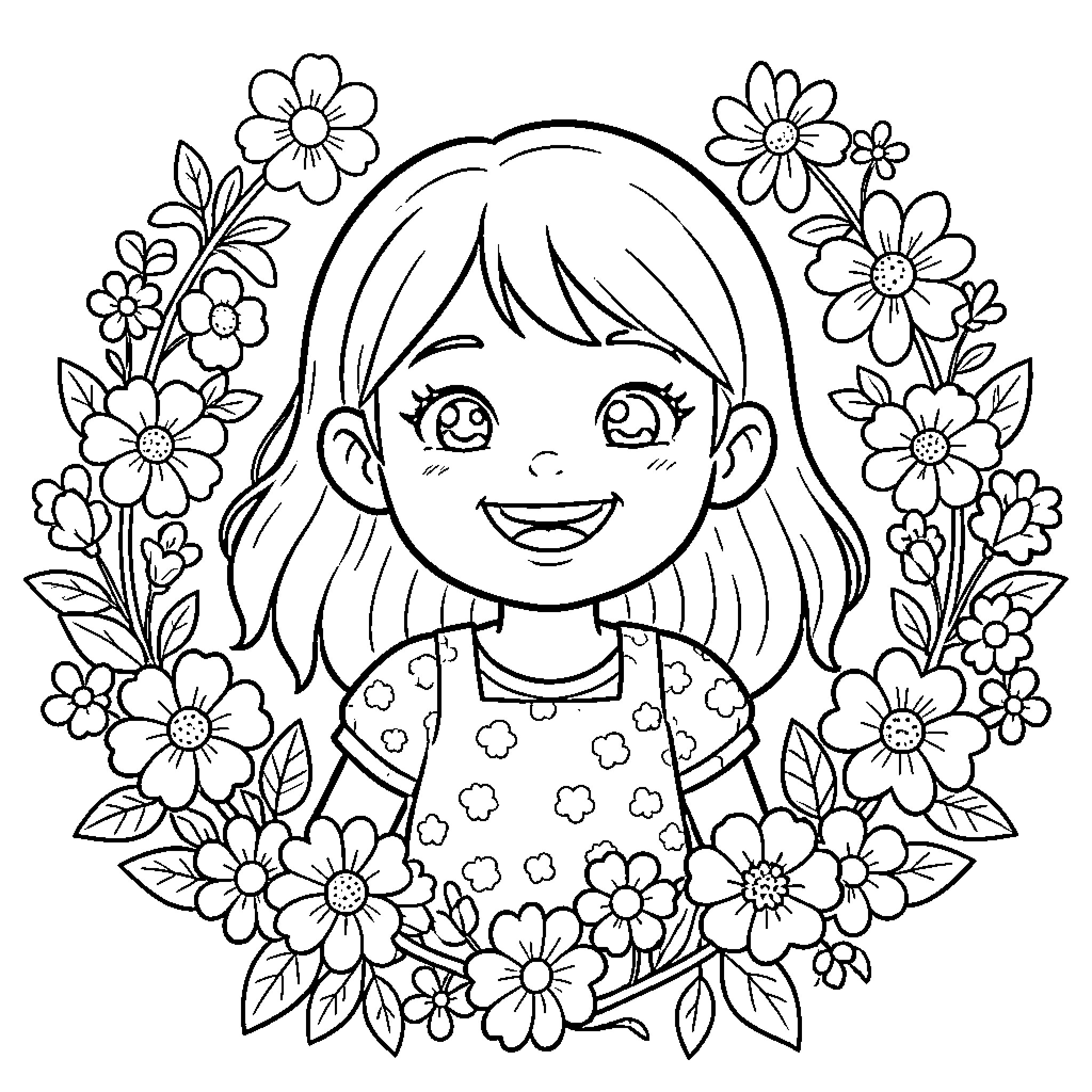 Girl surrounded by cheerful flowers Coloring Page (free black-and-white line drawing printable PDF for all, from beginners to advanced learners, including children, teens, adults, and seniors)