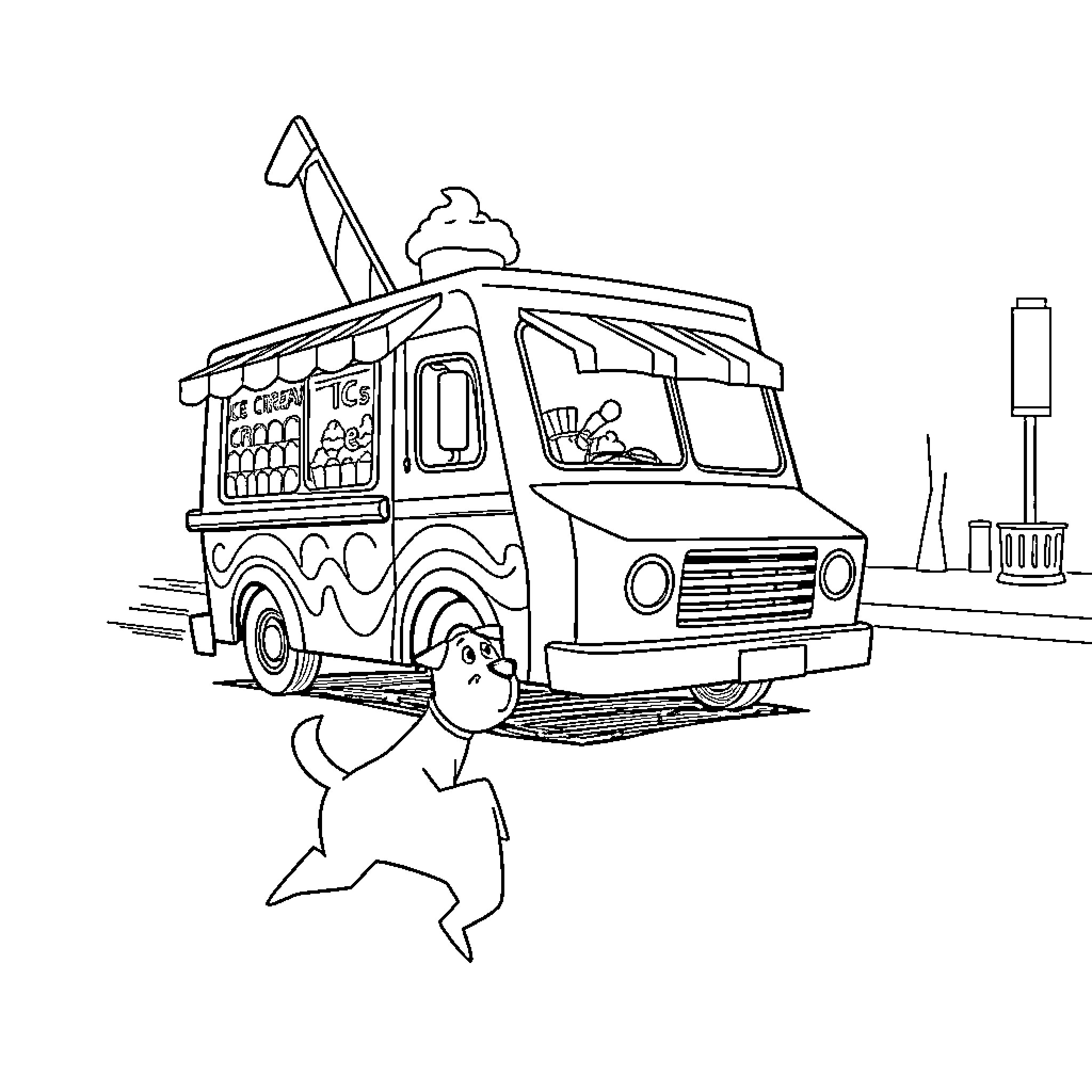 Dog chasing after ice cream truck Coloring Page (free black-and-white line drawing printable PDF for all, from beginners to advanced learners, including children, teens, adults, and seniors)