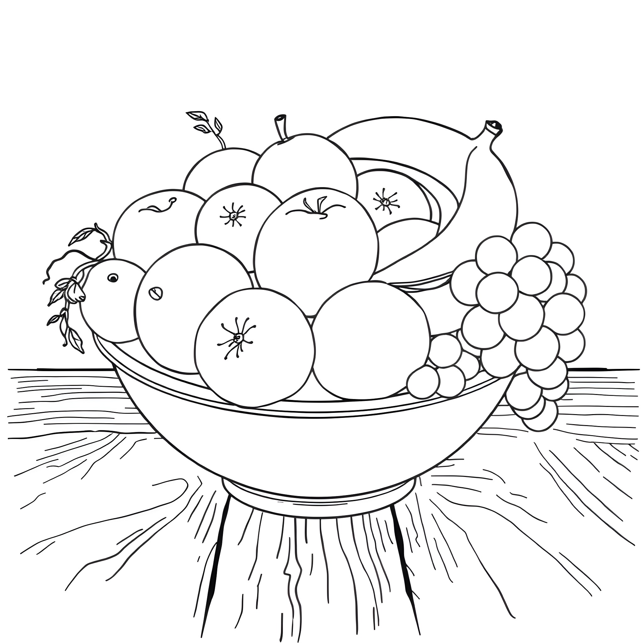Fruit basket with various produce Coloring Page (free black-and-white line drawing printable PDF for all, from beginners to advanced learners, including children, teens, adults, and seniors)