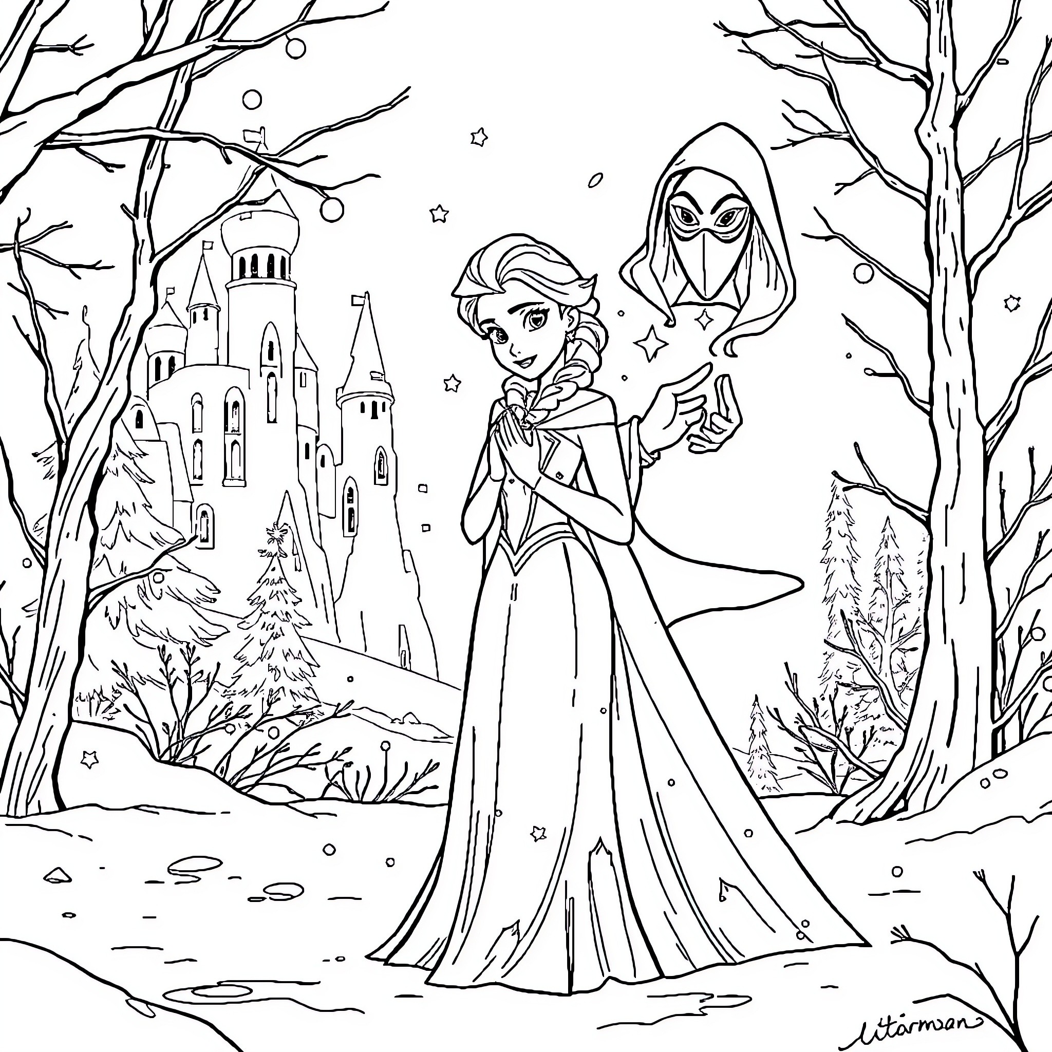 Princess walking in the enchanted forest with castle Coloring Page (free black-and-white line drawing printable PDF for all, from beginners to advanced learners, including children, teens, adults, and seniors)
