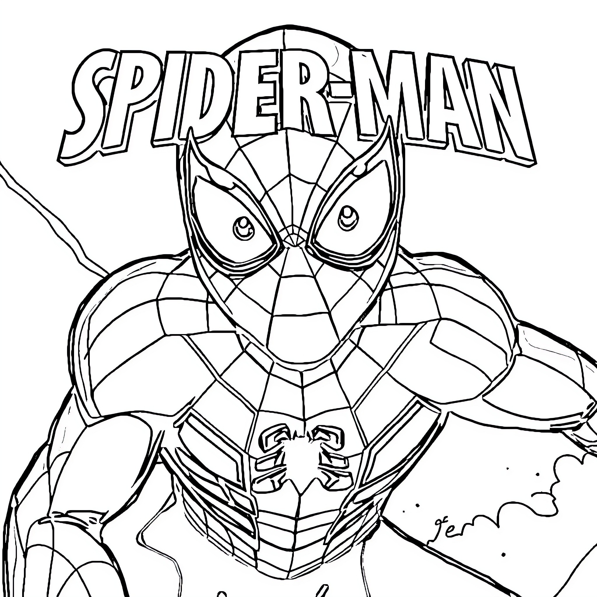 Superhero Spider-Man in Action-Packed Pose Coloring Page (free black-and-white line drawing printable PDF for all, from beginners to advanced learners, including children, teens, adults, and seniors)