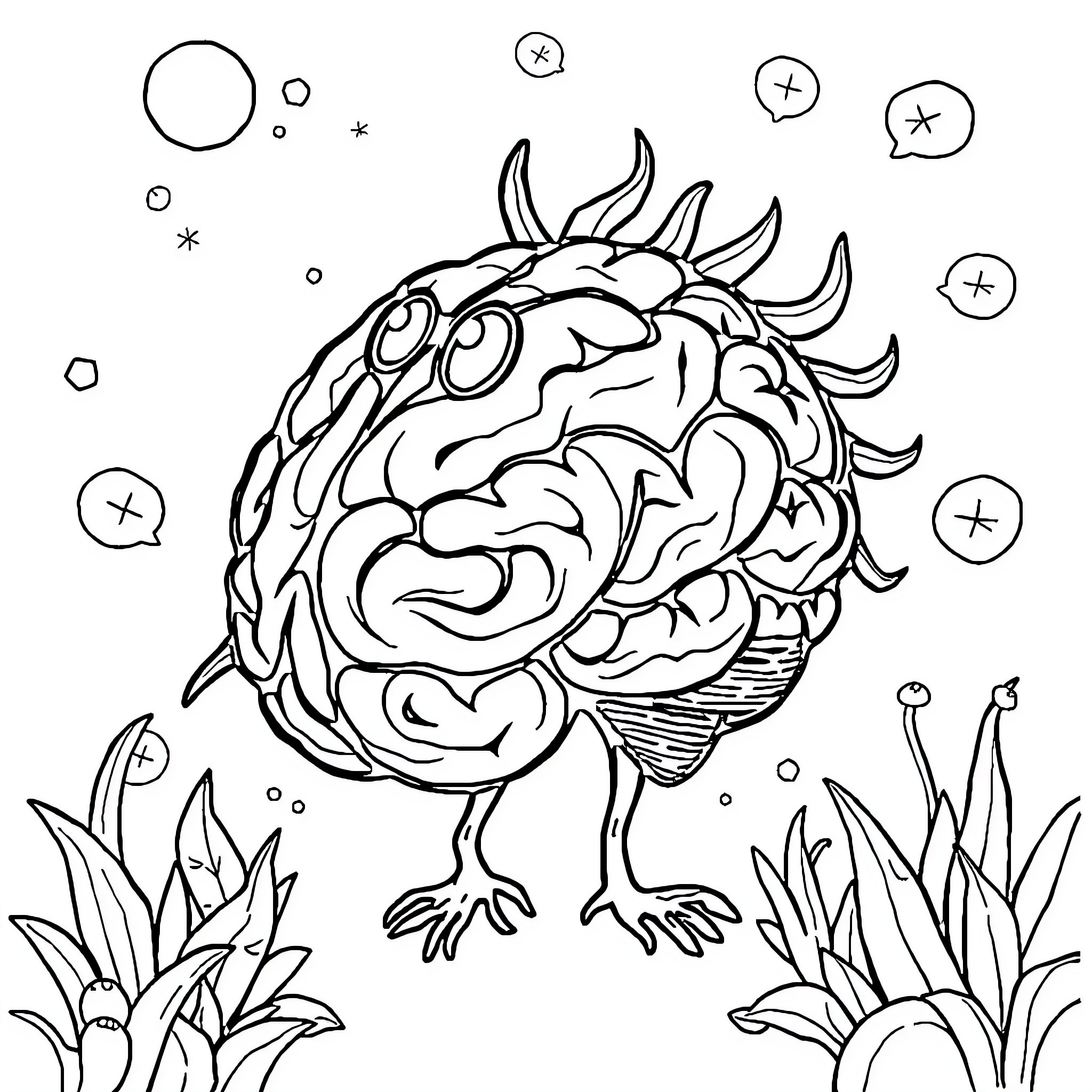 Brainrot: Whimsical Creature in Fantastical Landscape Coloring Page (free black-and-white line drawing printable PDF for all, from beginners to advanced learners, including children, teens, adults, and seniors)