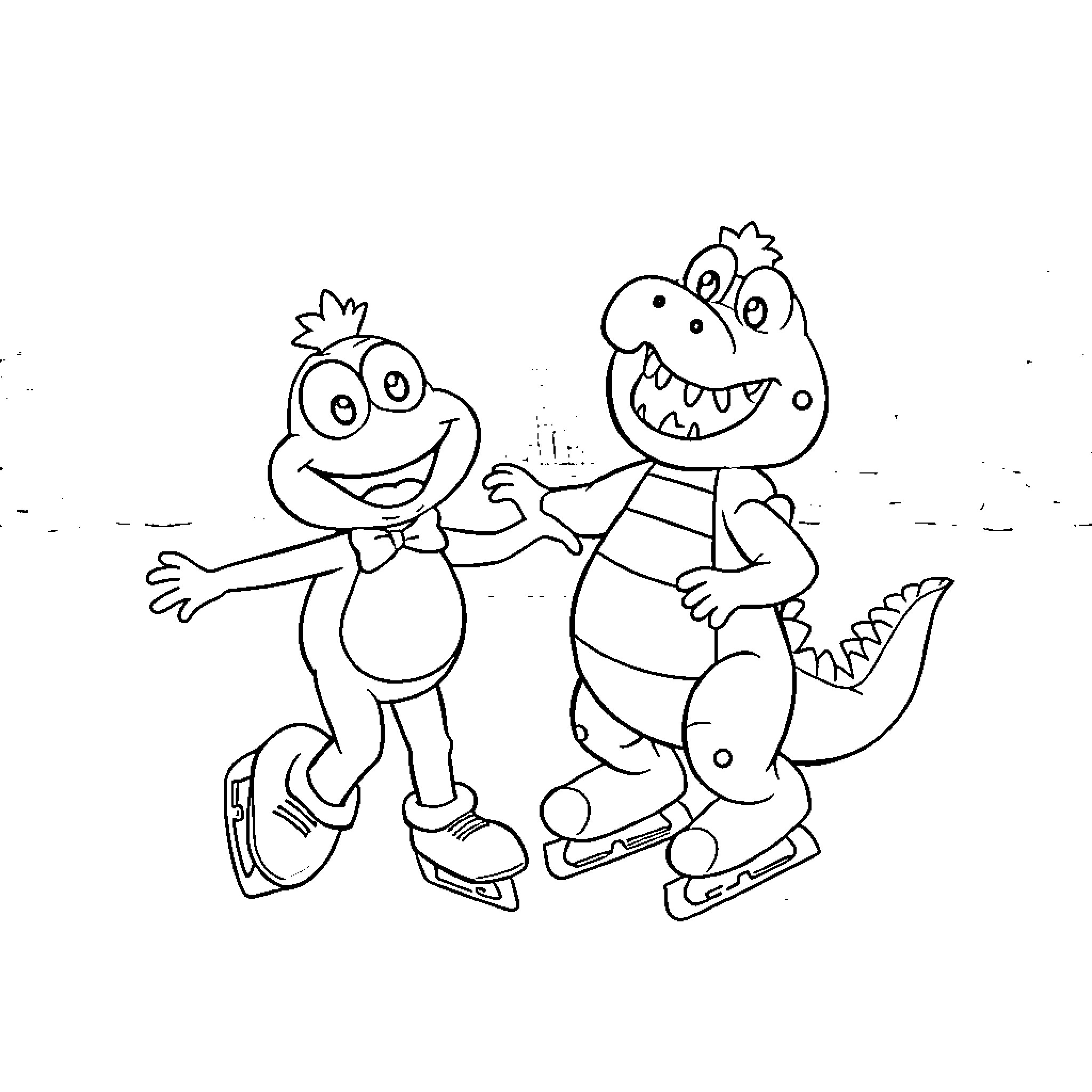 Frogs ice skating together happily Coloring Page (free black-and-white line drawing printable PDF for all, from beginners to advanced learners, including children, teens, adults, and seniors)