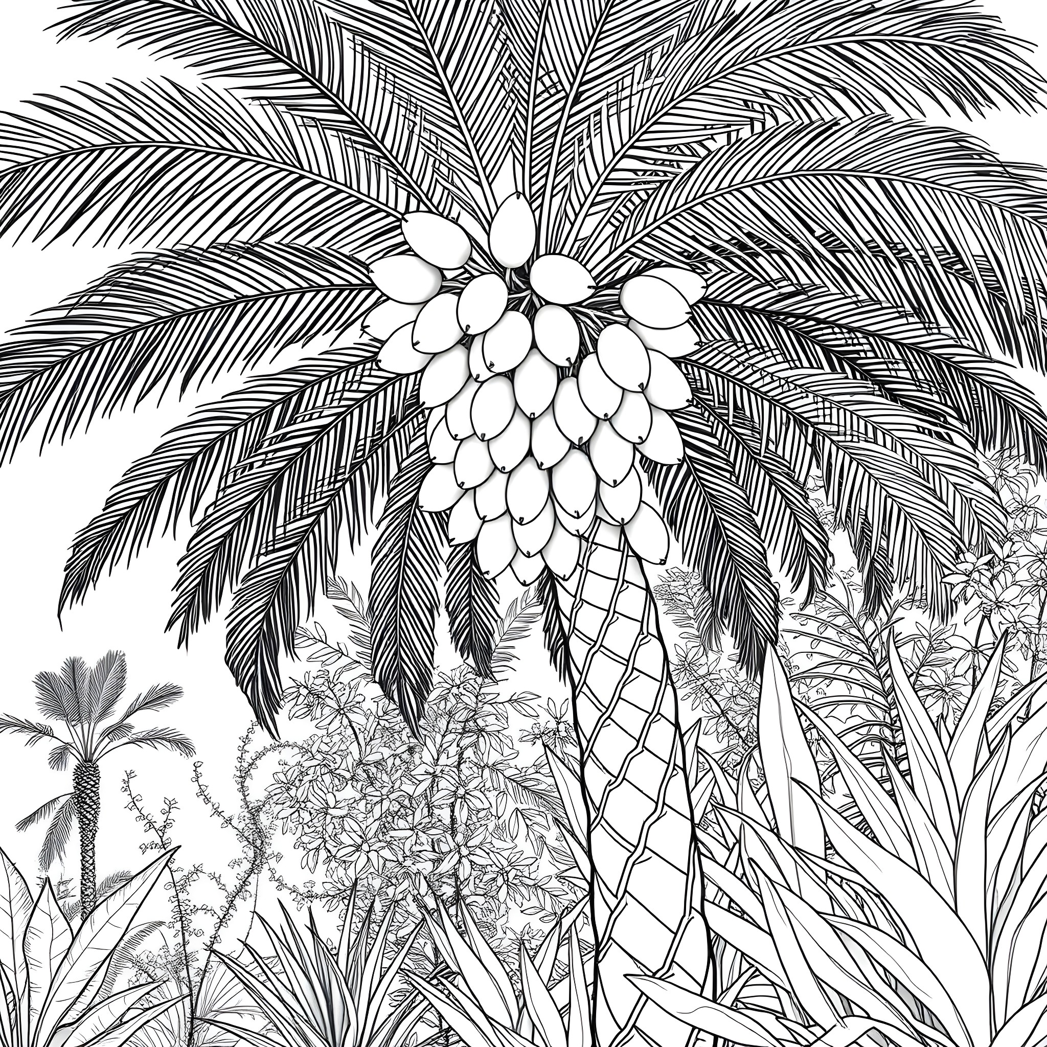 Date tropical palm tree with lush foliage Coloring Page (free black-and-white line drawing printable PDF for all, from beginners to advanced learners, including children, teens, adults, and seniors)