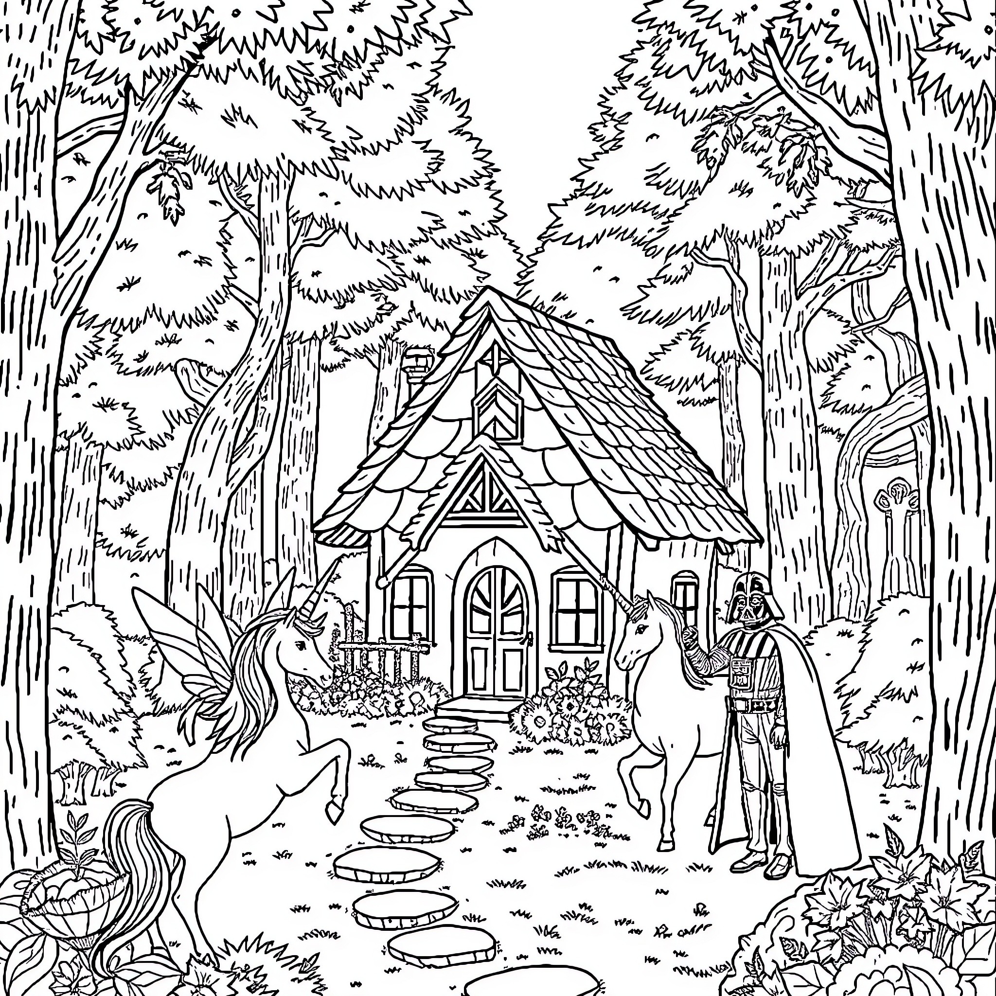 Cottage in the Enchanted Forest Coloring Page (free black-and-white line drawing printable PDF for all, from beginners to advanced learners, including children, teens, adults, and seniors)