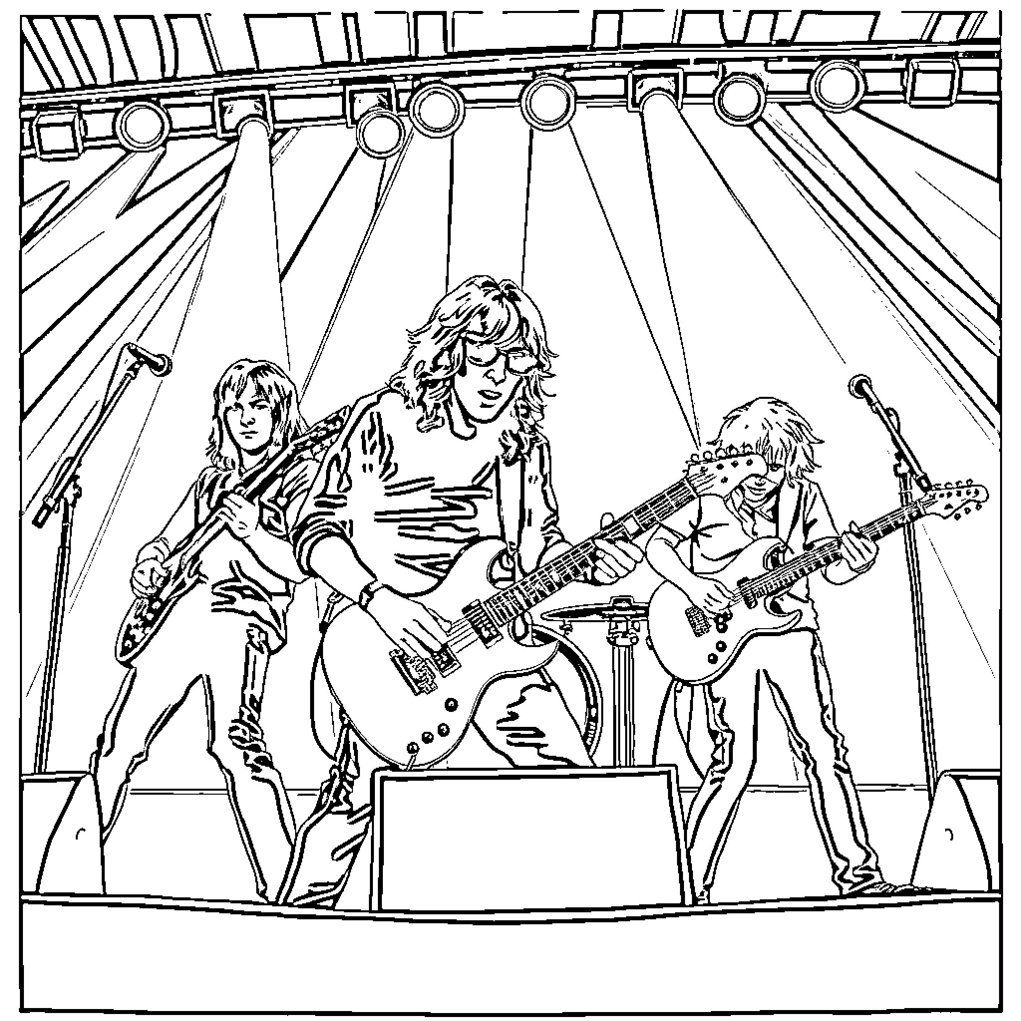 Rush on Stage Rocking Out Coloring Page (free black-and-white line drawing printable PDF for all, from beginners to advanced learners, including children, teens, adults, and seniors)