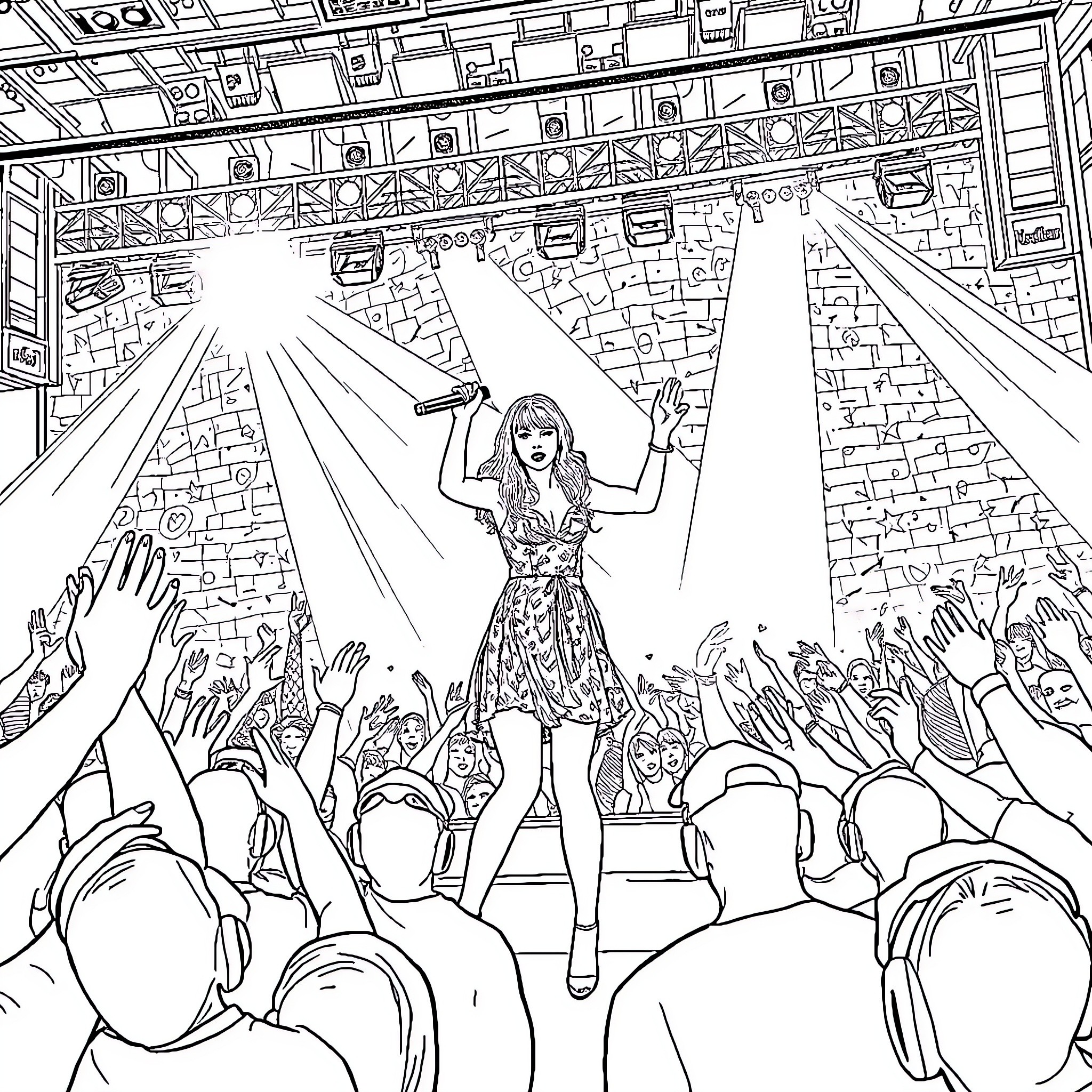 Taylor Swift performing on stage with adoring fans Coloring Page (free black-and-white line drawing printable PDF for all, from beginners to advanced learners, including children, teens, adults, and seniors)