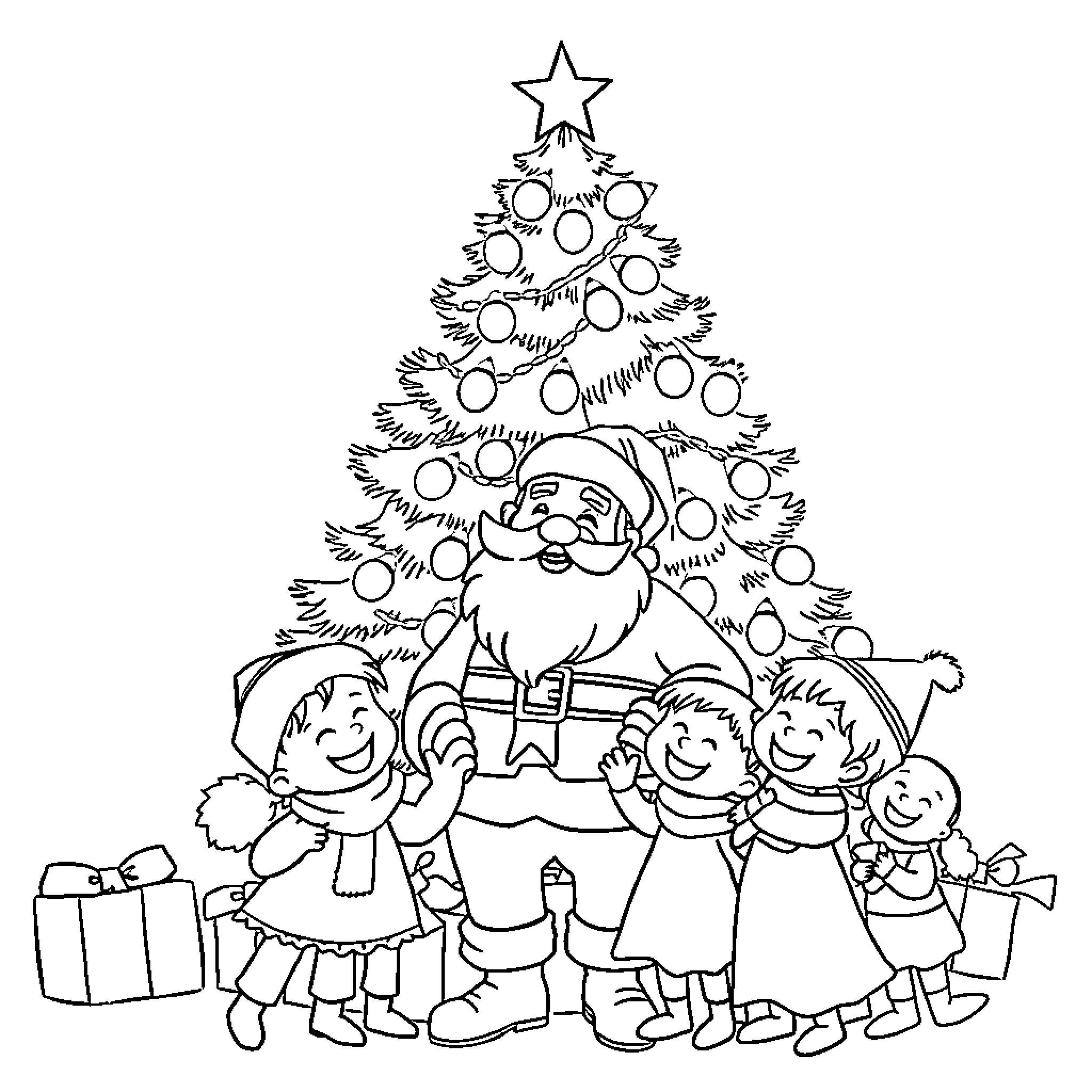 Santa and children celebrating Christmas around decorated tree Coloring Page (free black-and-white line drawing printable PDF for all, from beginners to advanced learners, including children, teens, adults, and seniors)