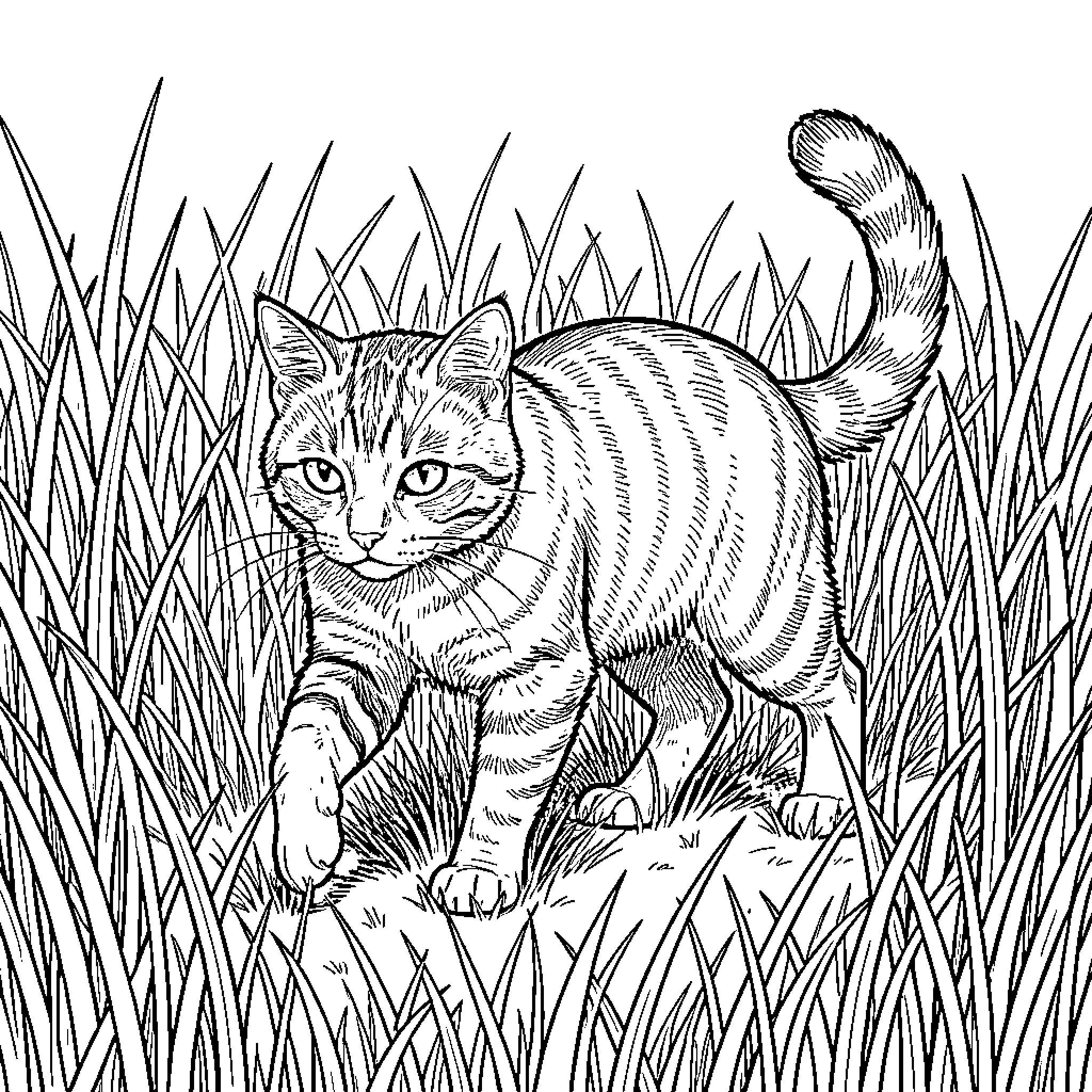 Cat Stalking in Tall Grass Coloring Page (free black-and-white line drawing printable PDF for all, from beginners to advanced learners, including children, teens, adults, and seniors)