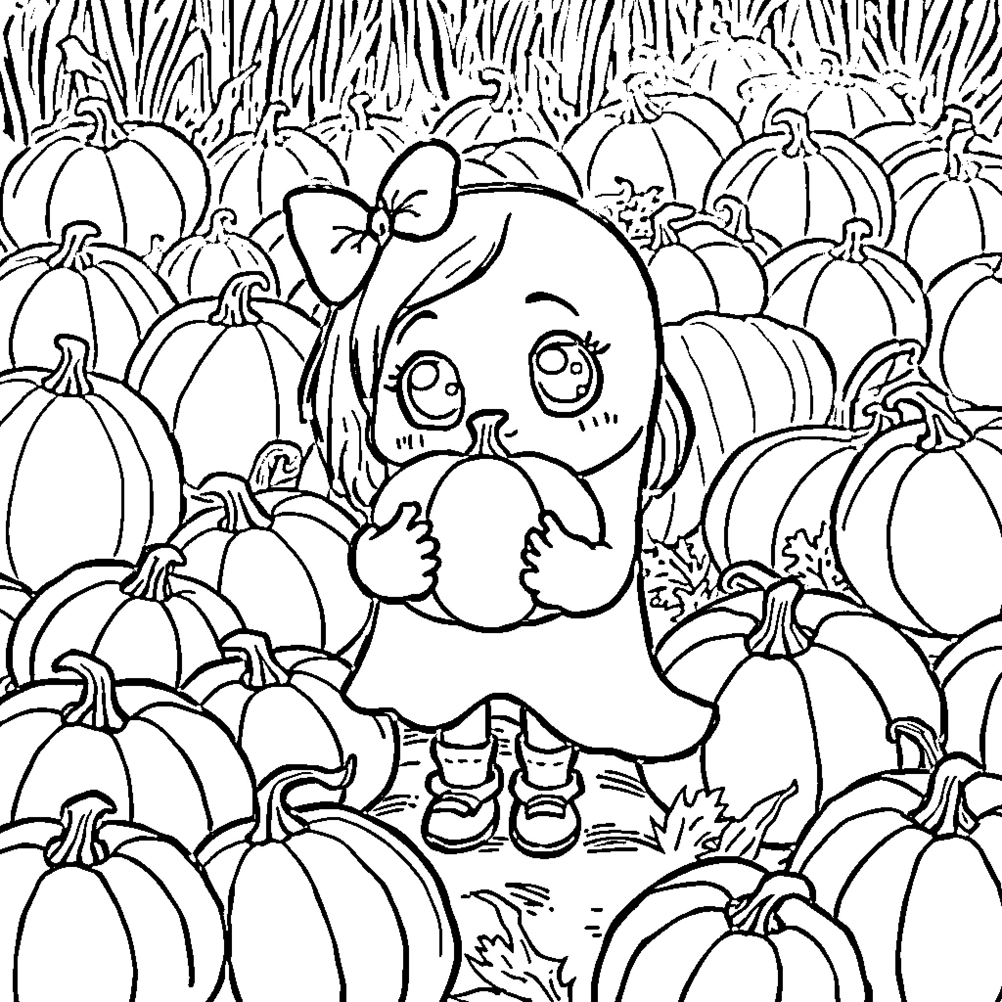 Girl Ghost exploring pumpkin patch Coloring Page (free black-and-white line drawing printable PDF for all, from beginners to advanced learners, including children, teens, adults, and seniors)