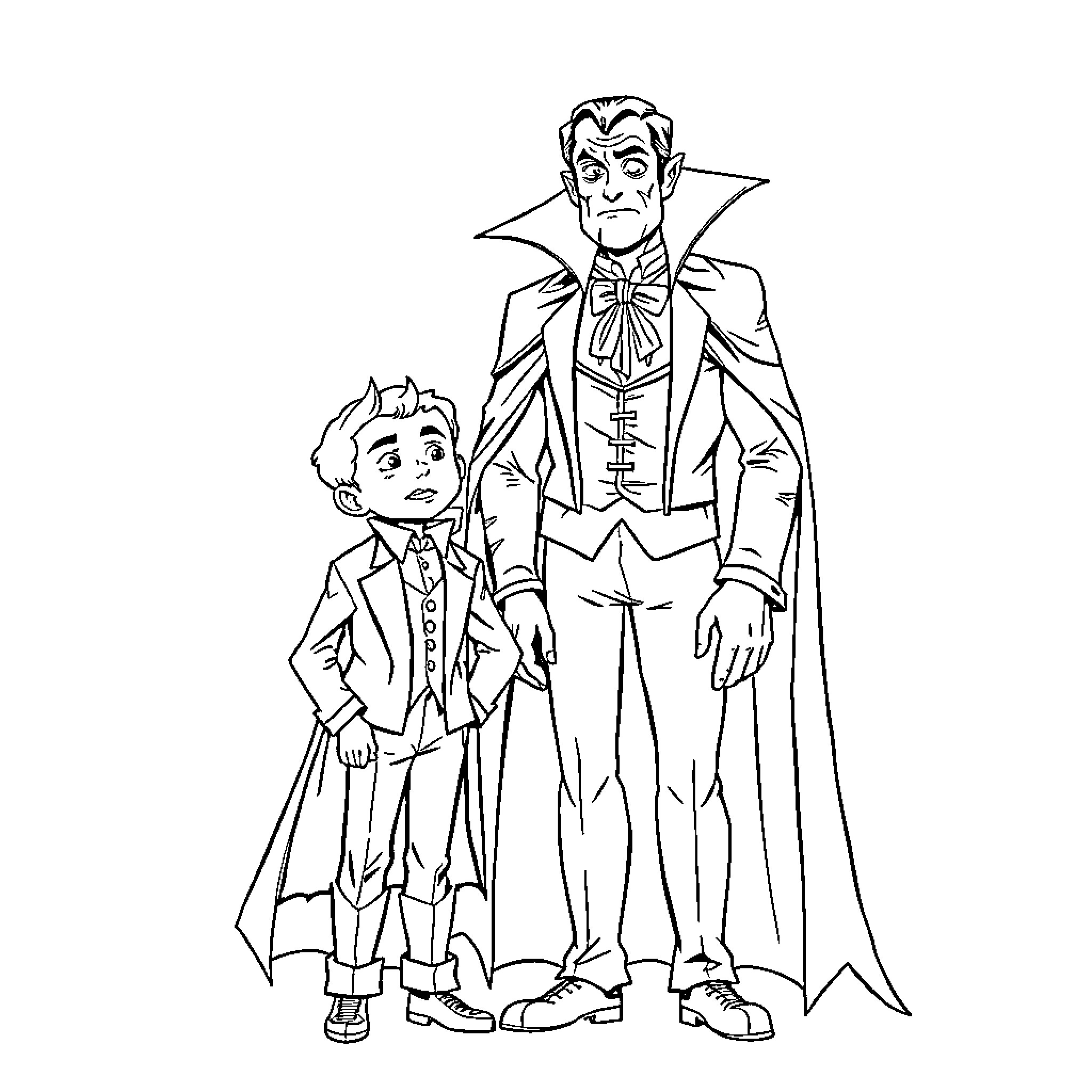 Dracula and his young companion Coloring Page (free black-and-white line drawing printable PDF for all, from beginners to advanced learners, including children, teens, adults, and seniors)